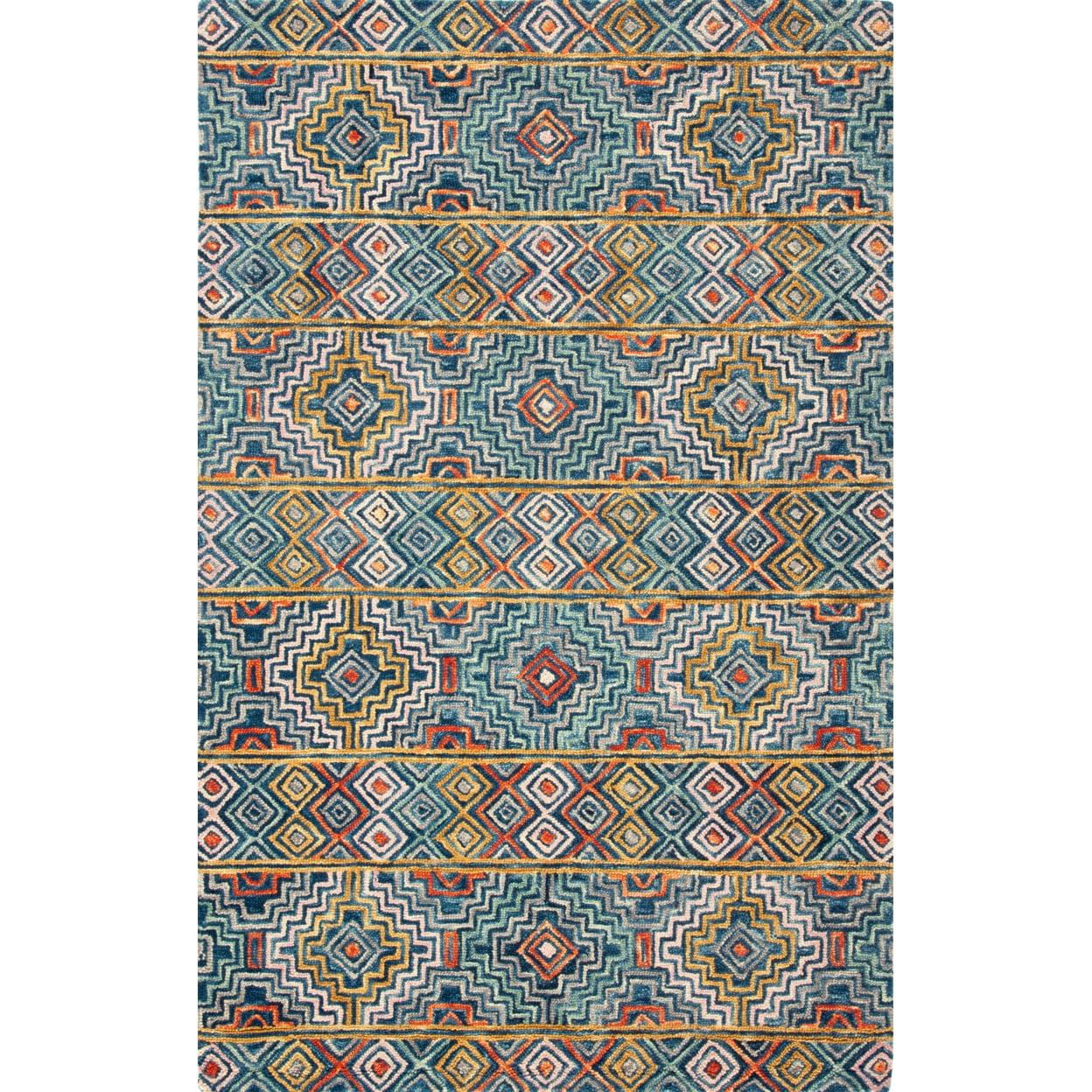 Handmade Tufted Wool Rectangular Area Rug in Blue/Gold, 5' x 8'