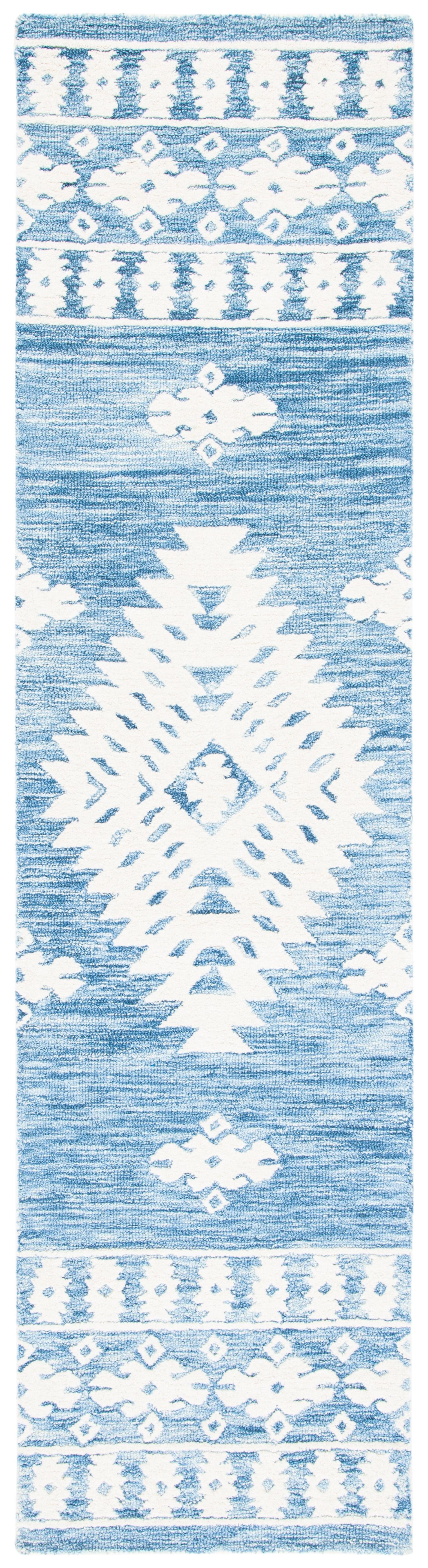 Ivory and Blue Geometric Wool Runner Rug