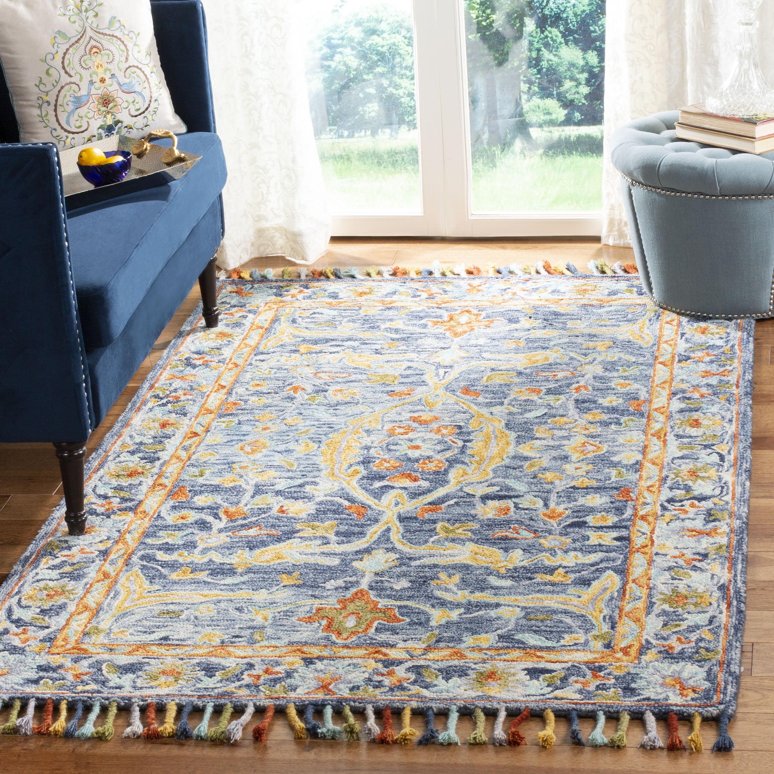 Handmade Tufted Wool Square Area Rug in Blue and Rust, 7' x 7'