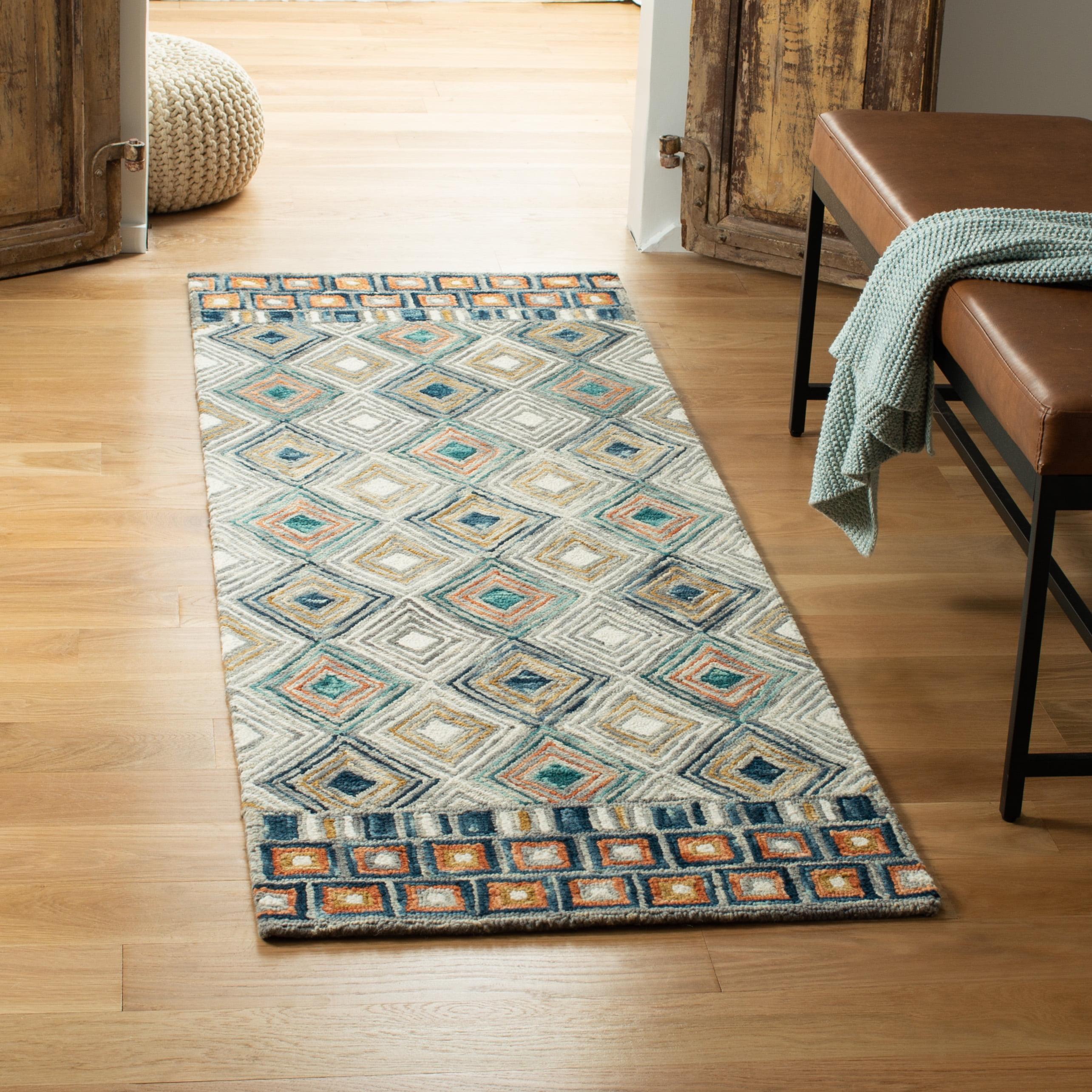 Handmade Tufted Blue Geometric Wool Runner Rug - 27"x7"