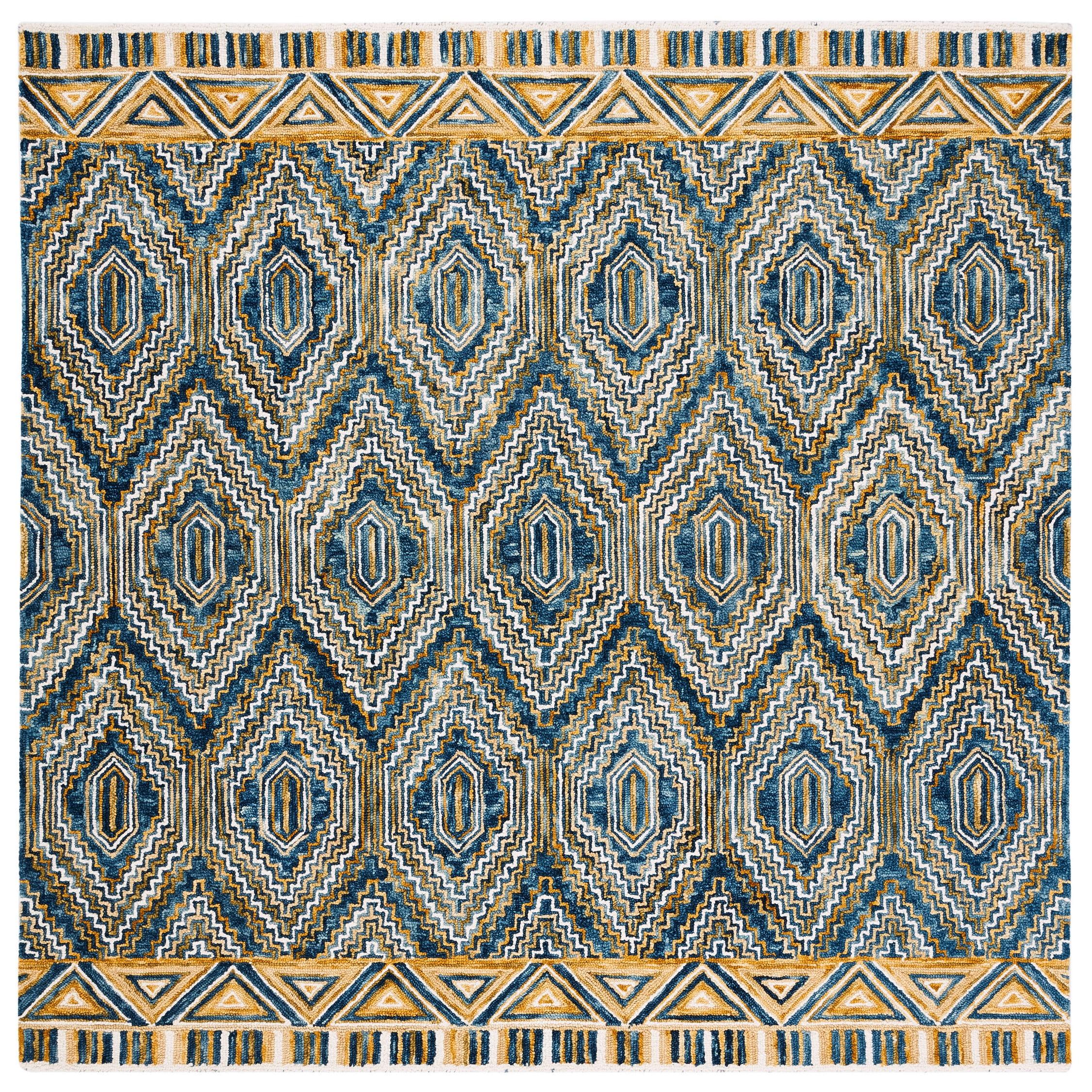 Handmade Geometric Blue Wool 36" Tufted Square Rug