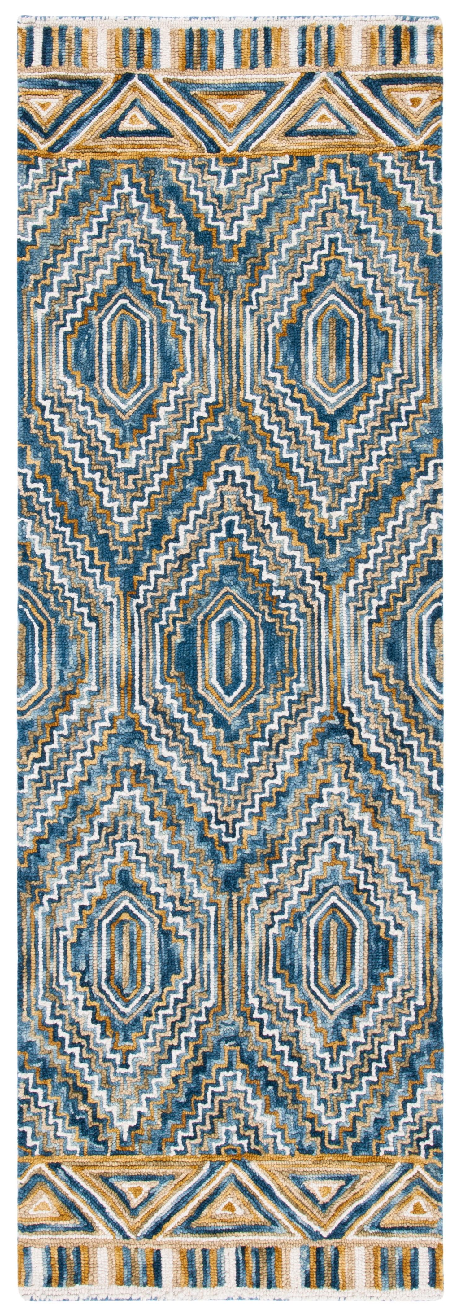 Handmade Blue Geometric Wool Tufted Area Rug, 2'3" x 7'