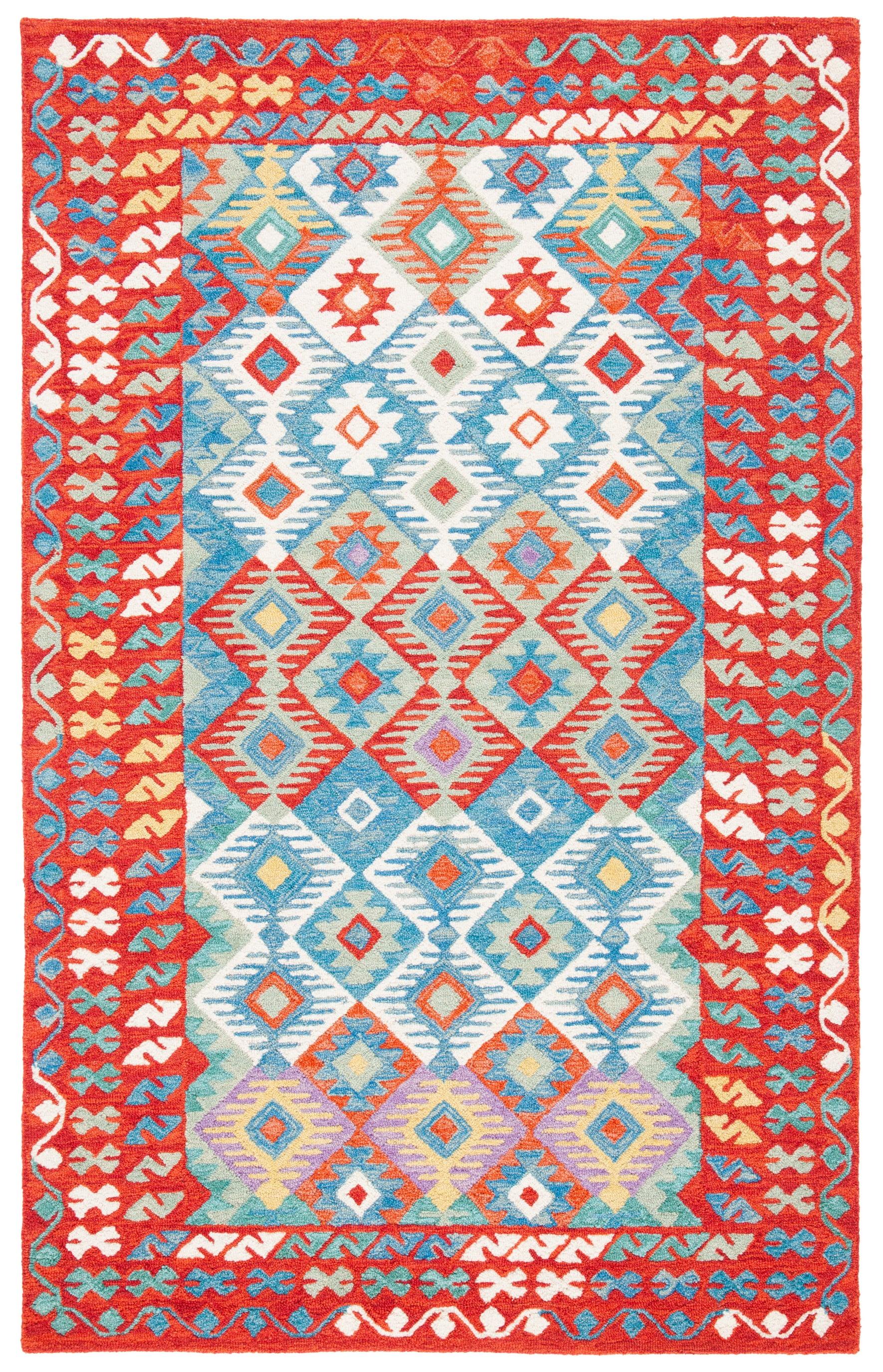 Aspen Blue and Red Handmade Wool Area Rug