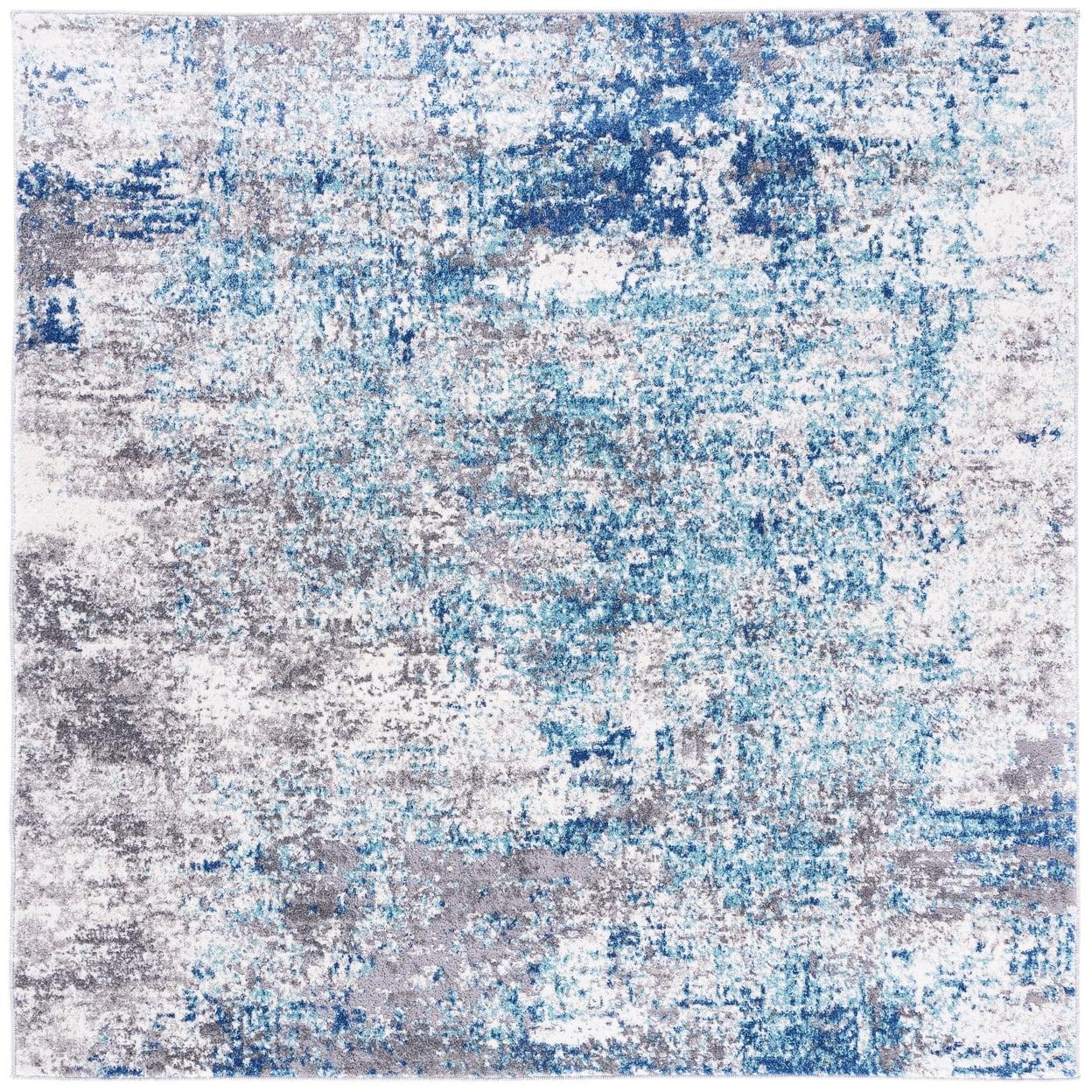 Gray and Blue Abstract Square Synthetic Area Rug