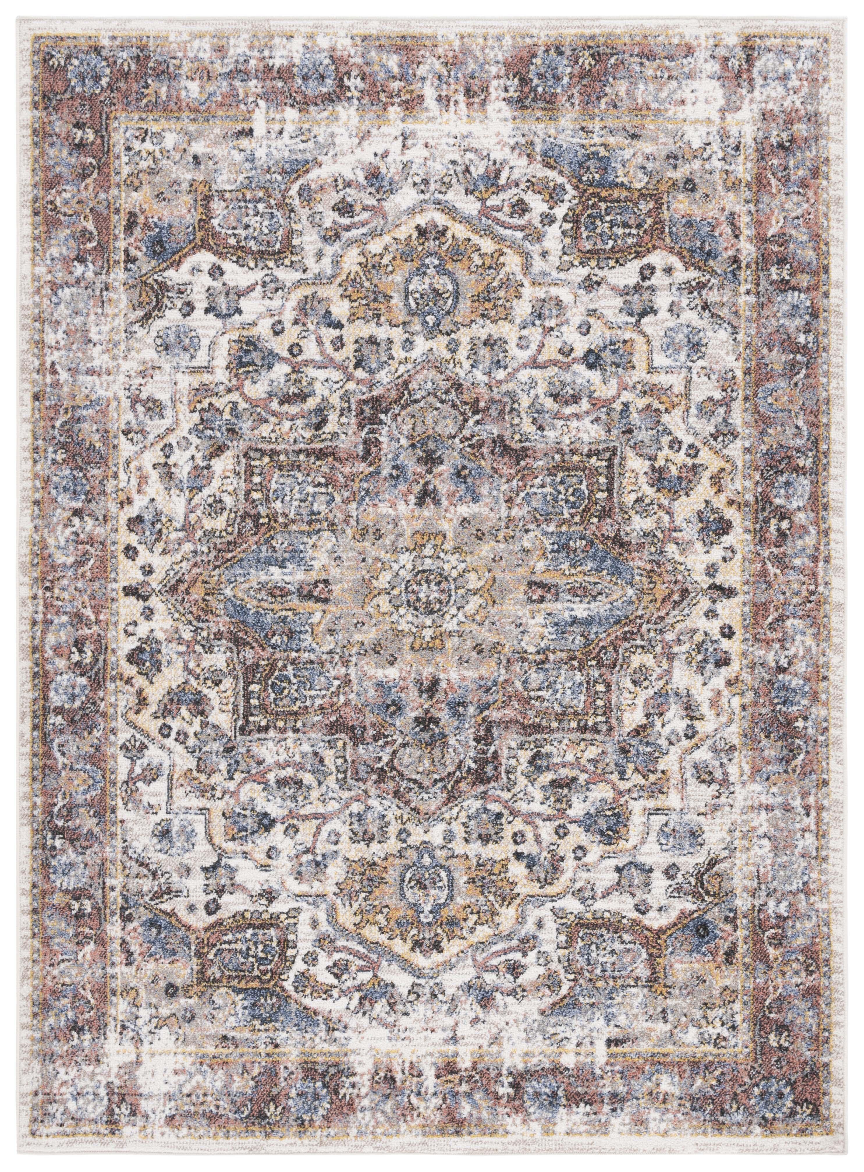 Ivory and Blue Rust Traditional 4' x 6' Synthetic Area Rug