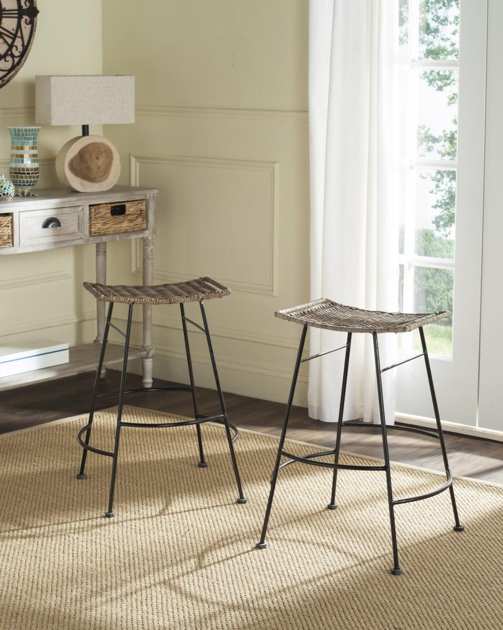 Gray Rattan and Metal Backless Counter Stools, Set of 2