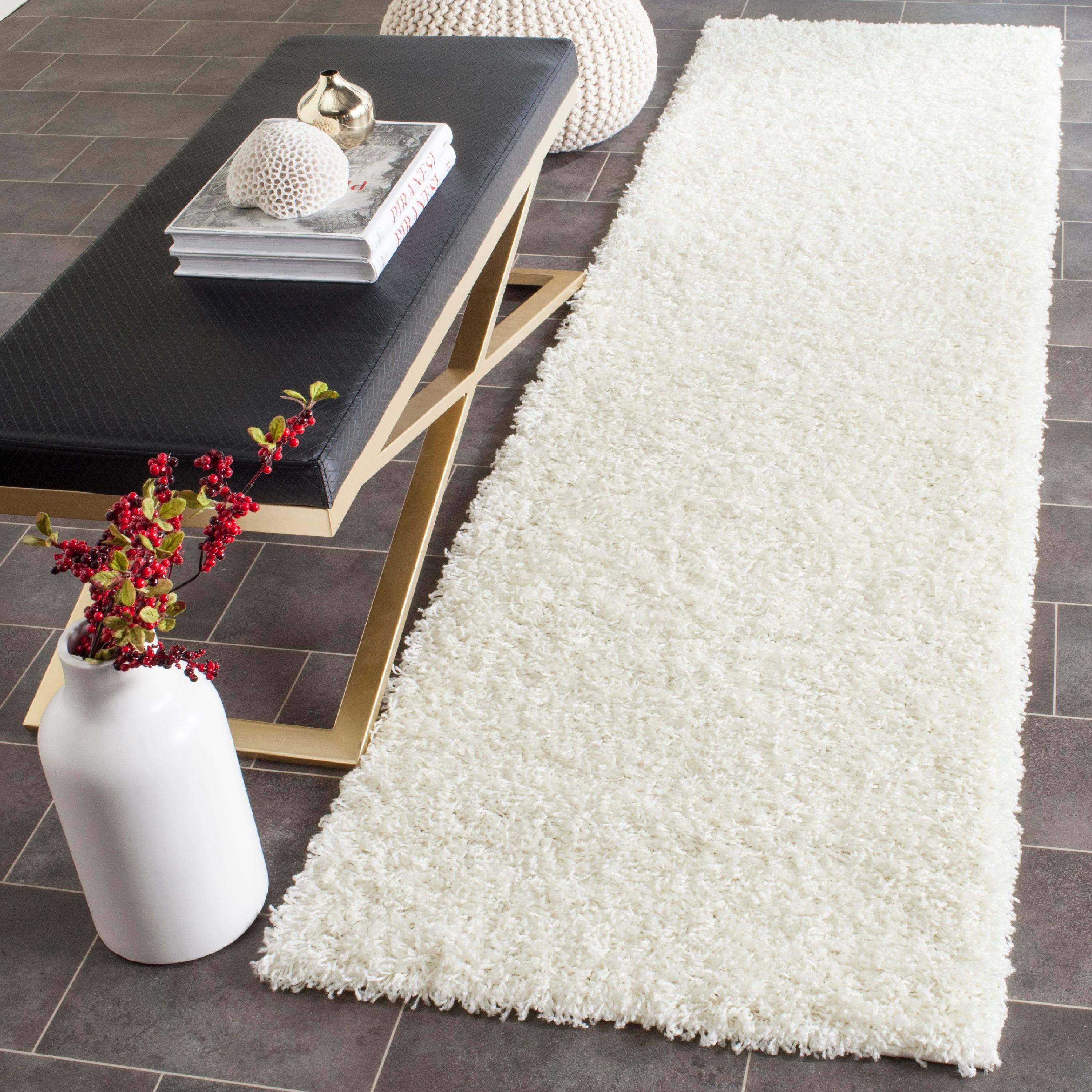 Plush White Synthetic 27'' Hand-Knotted Shag Runner Rug