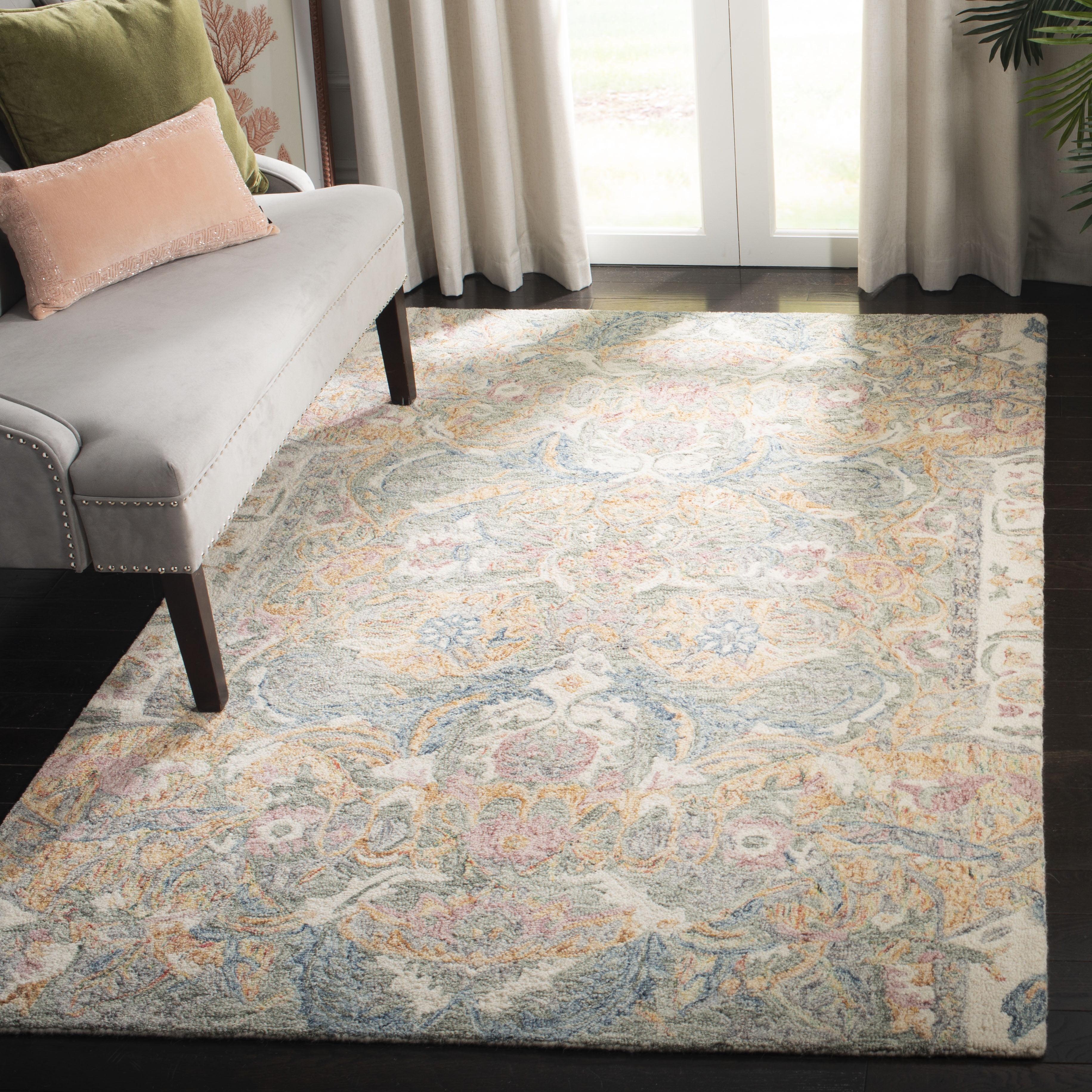 Ivory Floral Handmade Wool Square Area Rug, 6' x 6'