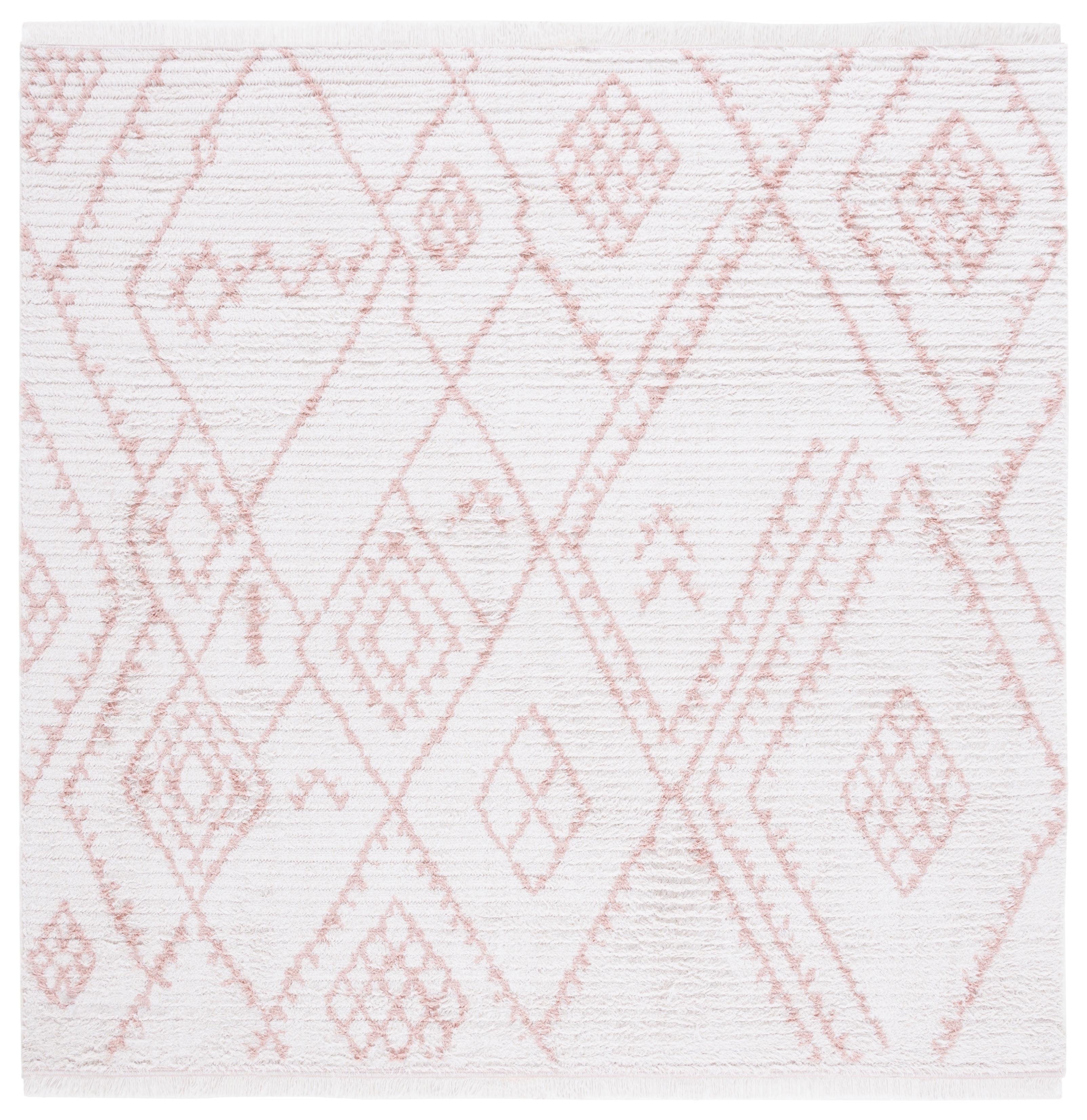 Ivory and Pink Square Flat Woven Synthetic Rug