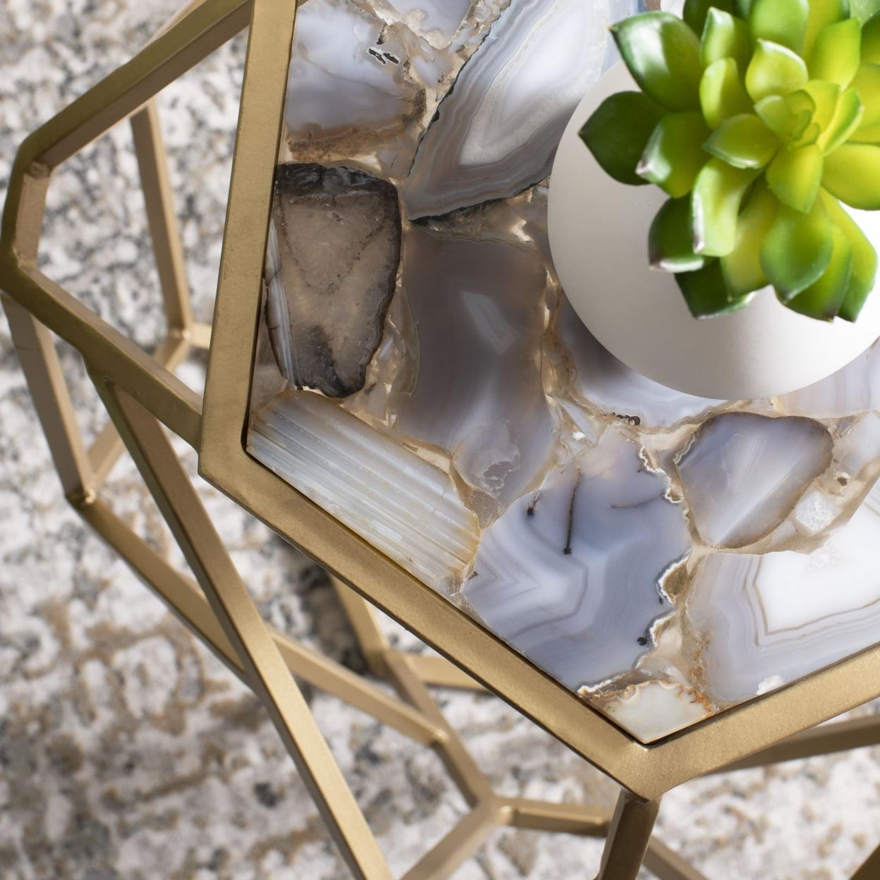 Ava Gold and Multi-Colored Agate Hexagonal Accent Table