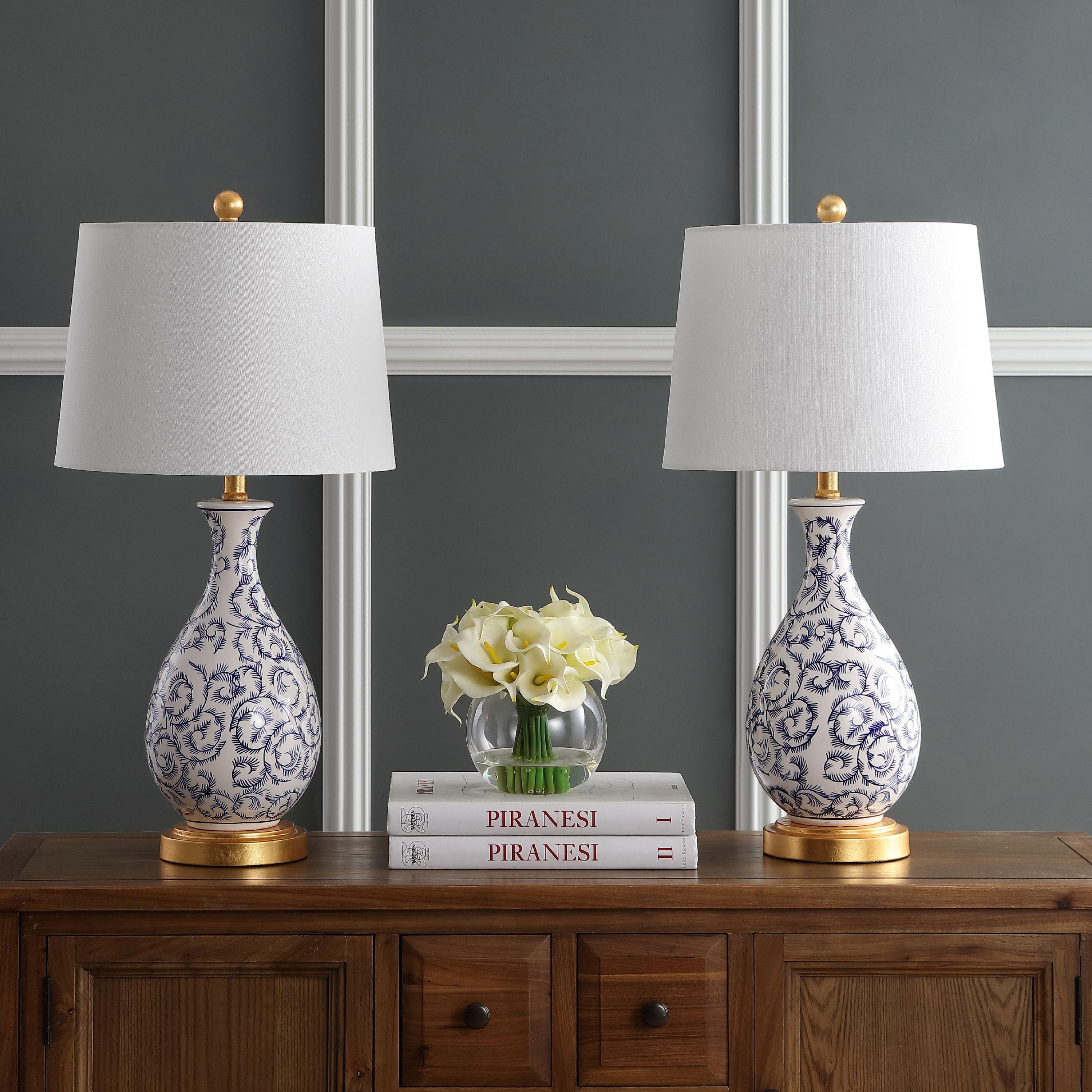 Classic Blue and White Ceramic Table Lamp Set with Gold Leaf Finish