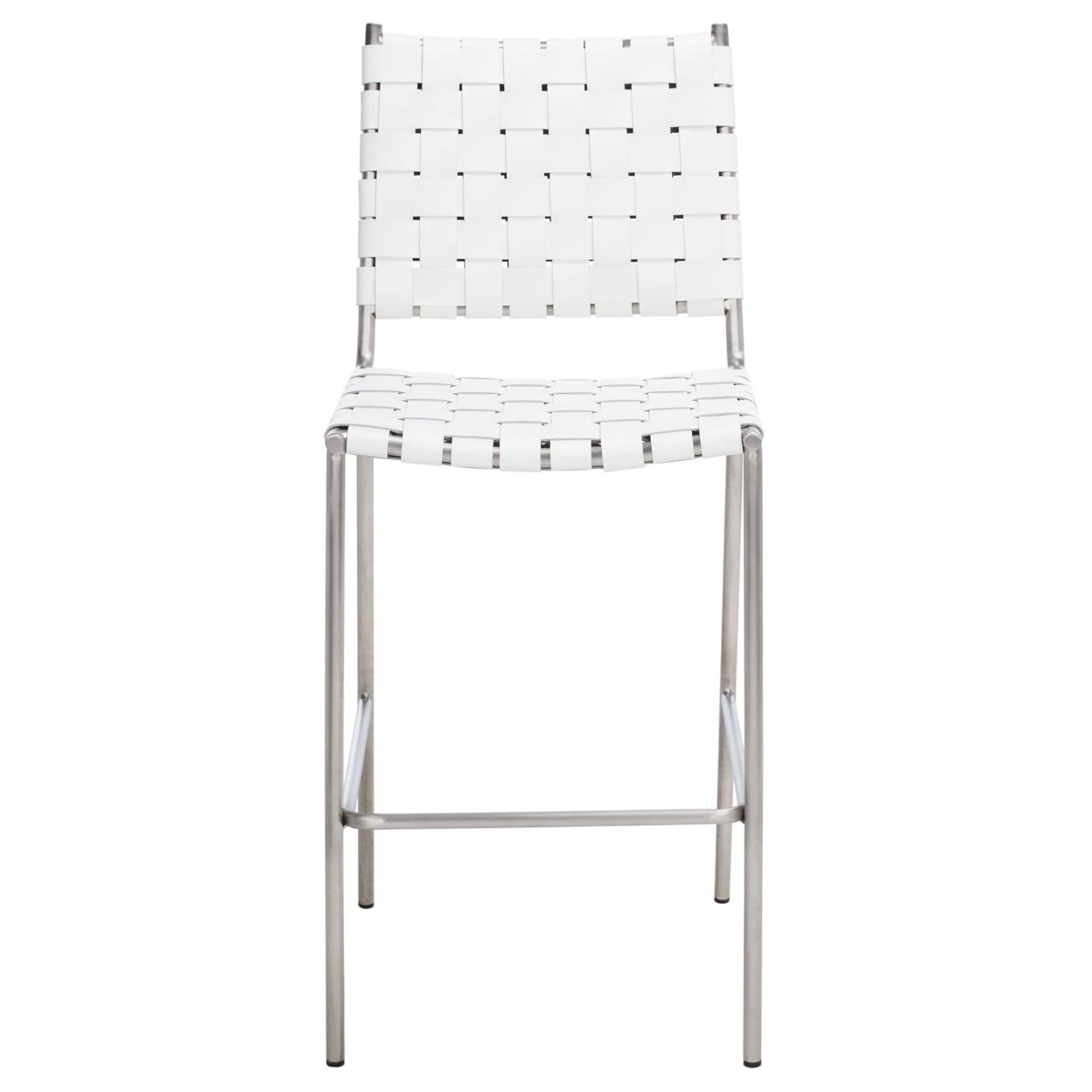 Saddle Style Woven White Leather Counter Stool with Silver Metal Base