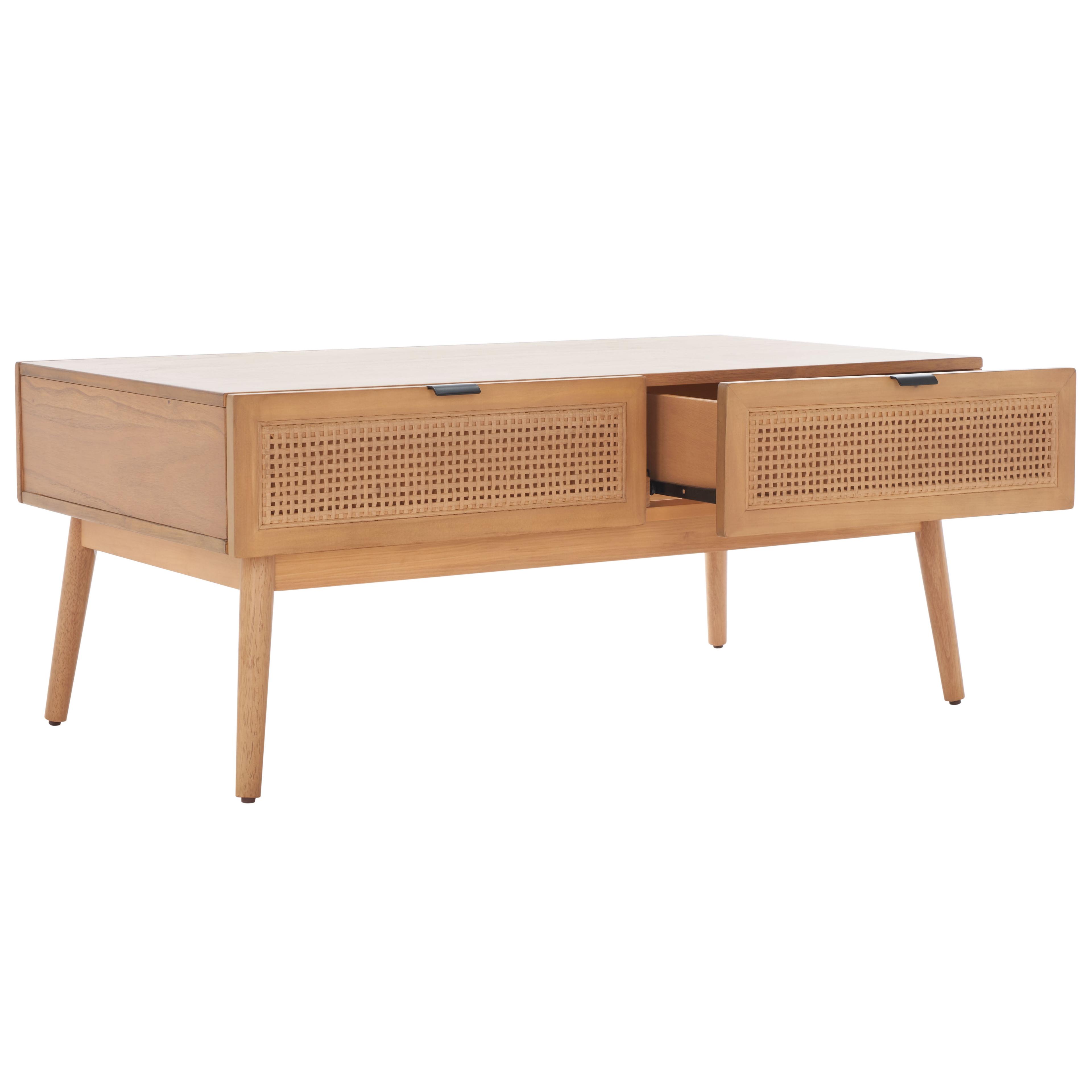 Natural Wood Rectangular Coffee Table with Woven Storage Drawers