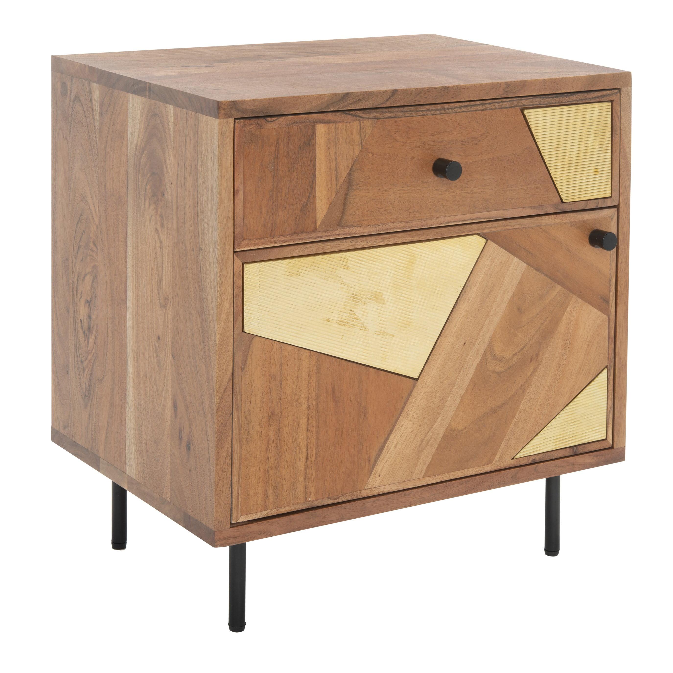 Natural and Gold Wood Nightstand with Drawer and Door