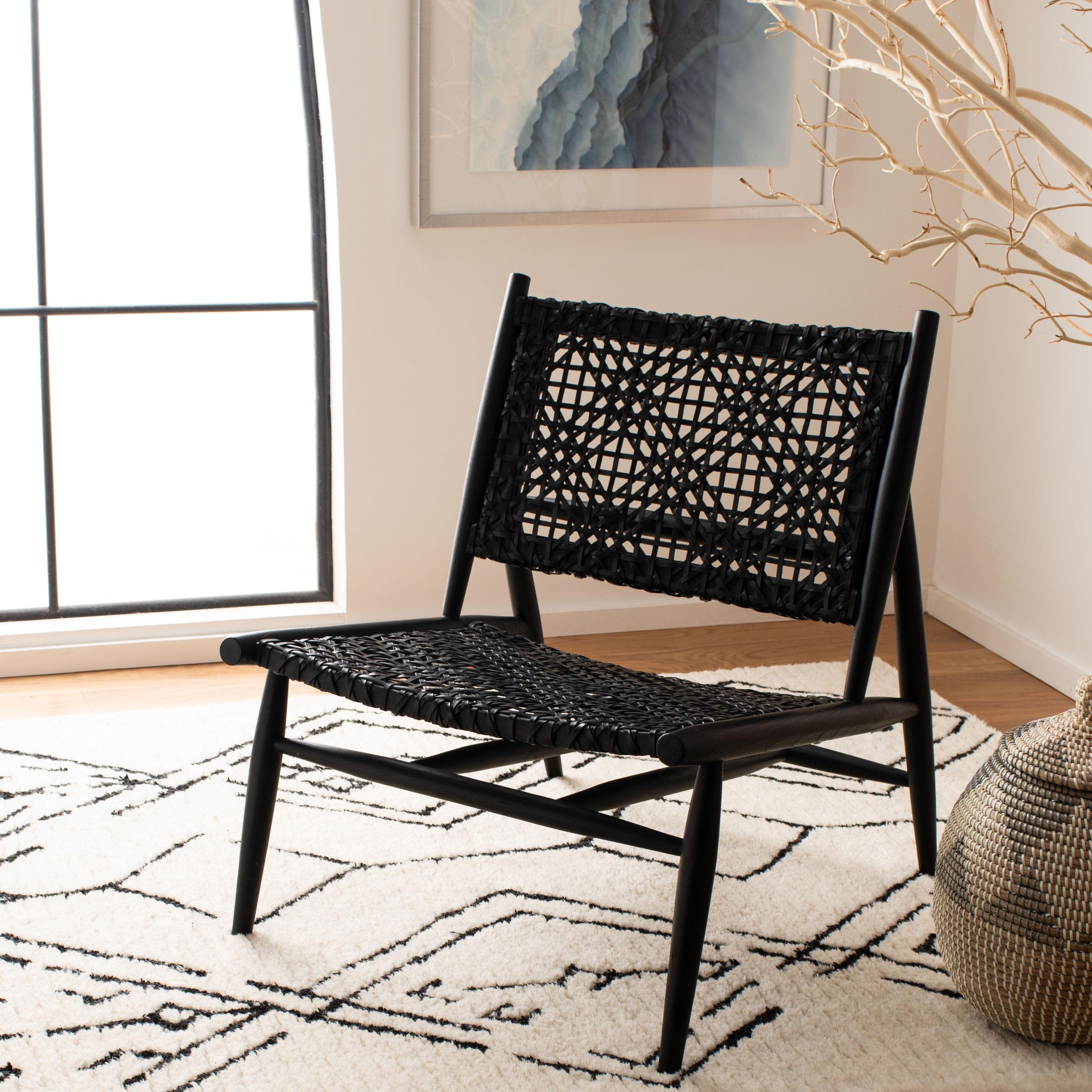 Transitional Black Leather and Wood 26'' Accent Chair