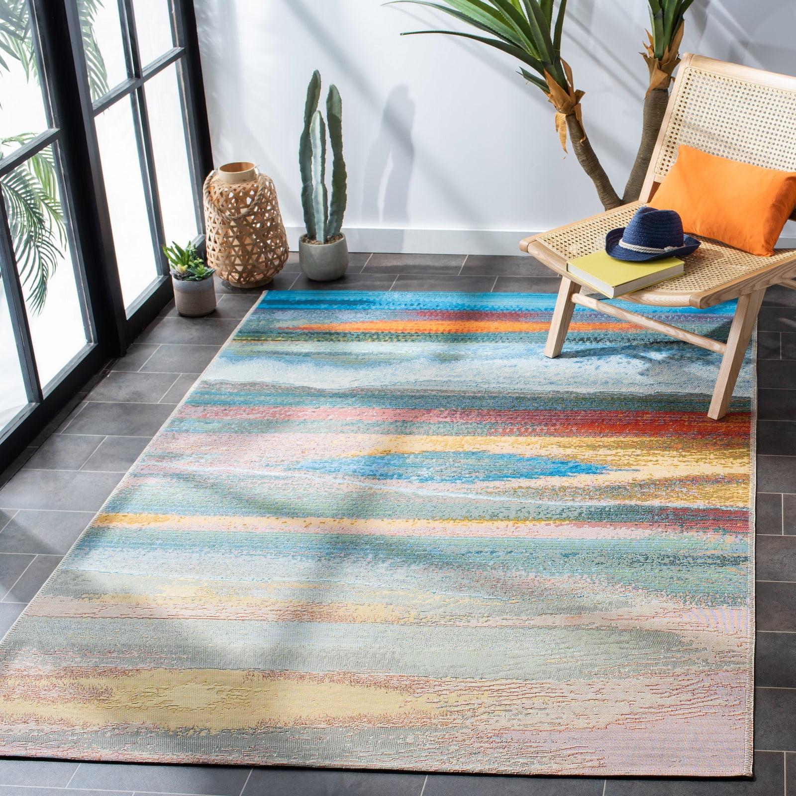 Light Blue and Pink Synthetic Coastal Area Rug