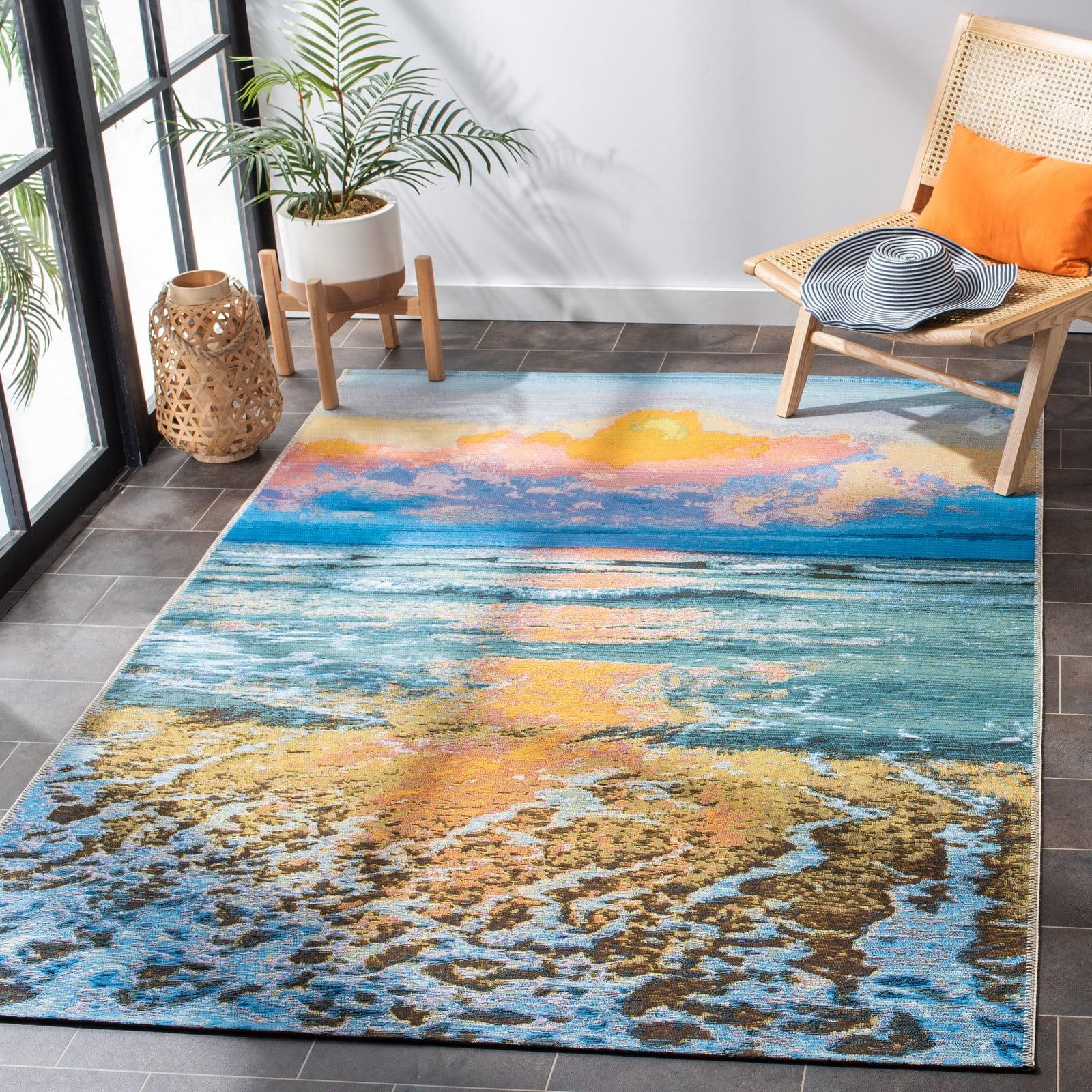 Coastal Breeze Blue and Gold Synthetic 6'6" x 9'4" Outdoor Rug