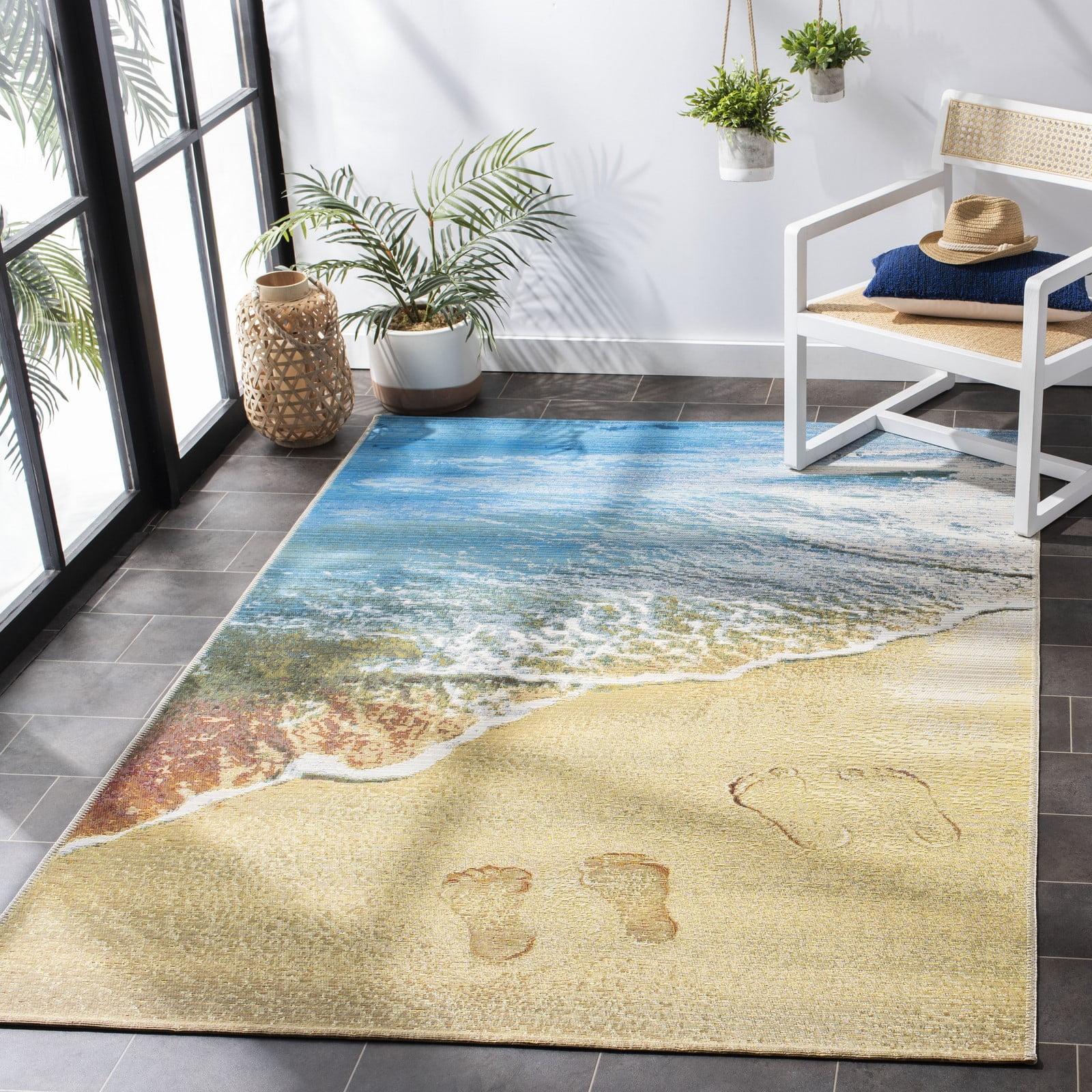 Barbados Coastal Blue and Gold Synthetic Area Rug