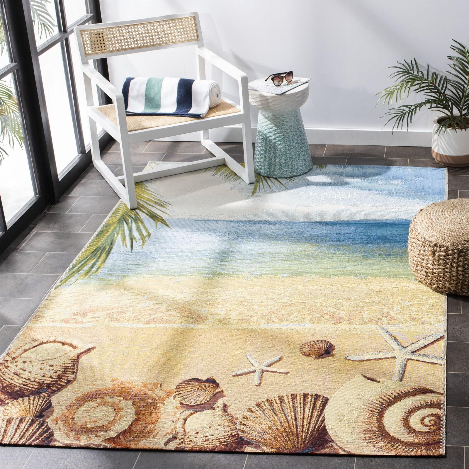 SAFAVIEH Barbados Sea Shells Outdoor Area Rug, 4' x 6', Gold/Blue