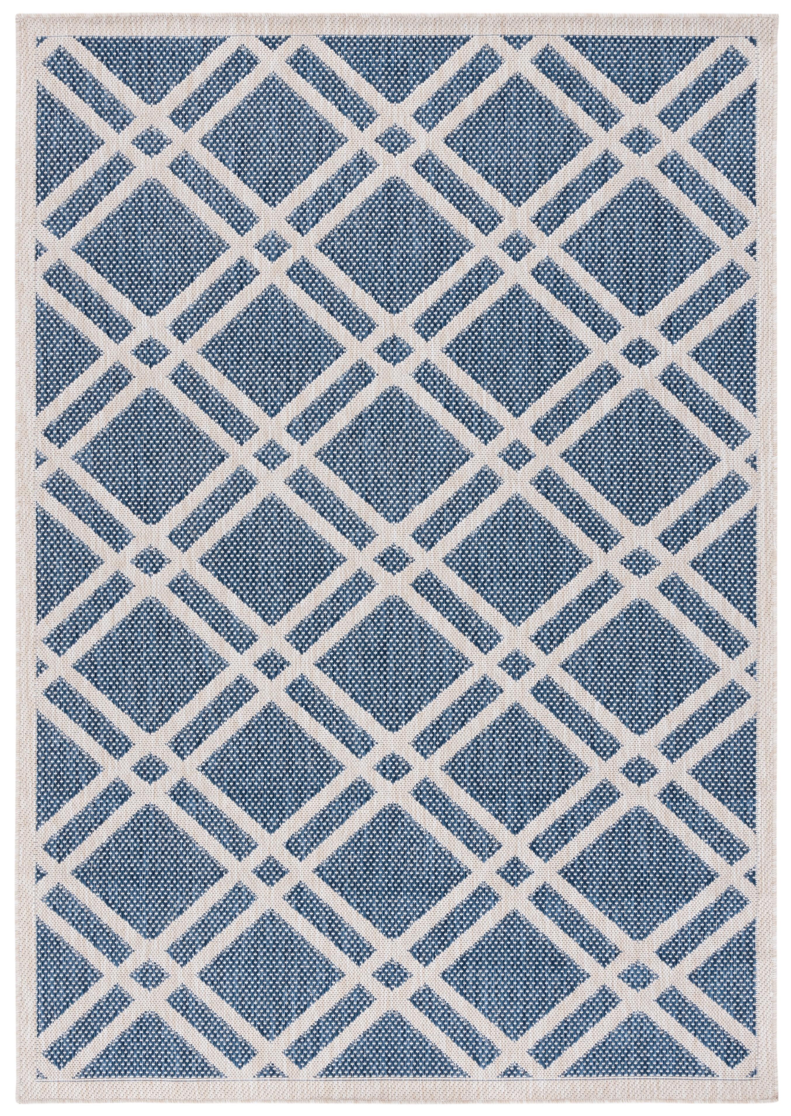 Ivory and Blue Geometric Synthetic Indoor/Outdoor Rug