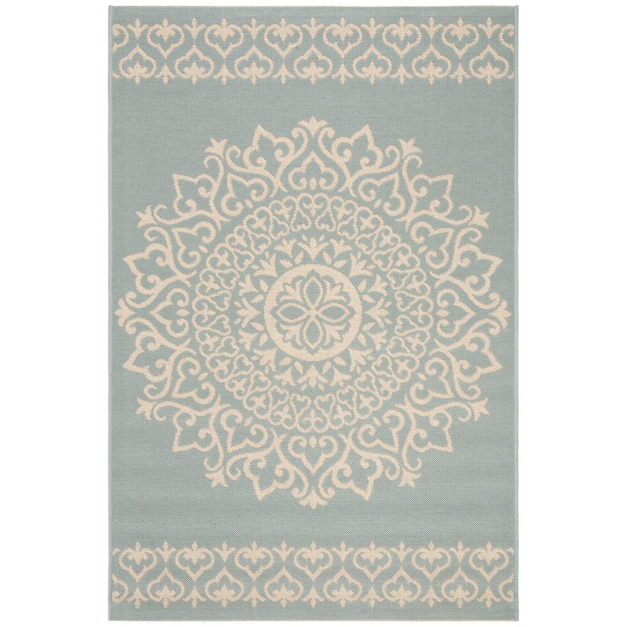 Cream and Aqua Tufted Medallion Indoor/Outdoor Area Rug 4' x 6'