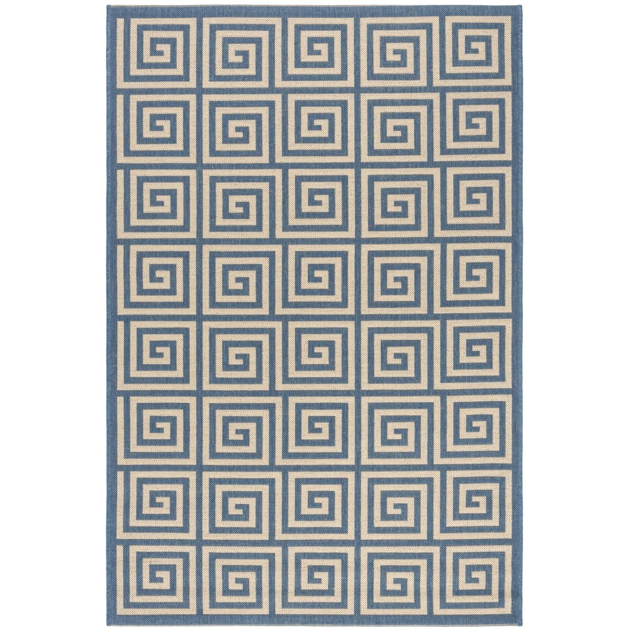 Cream and Blue Geometric 3' x 5' Stain-Resistant Synthetic Rug