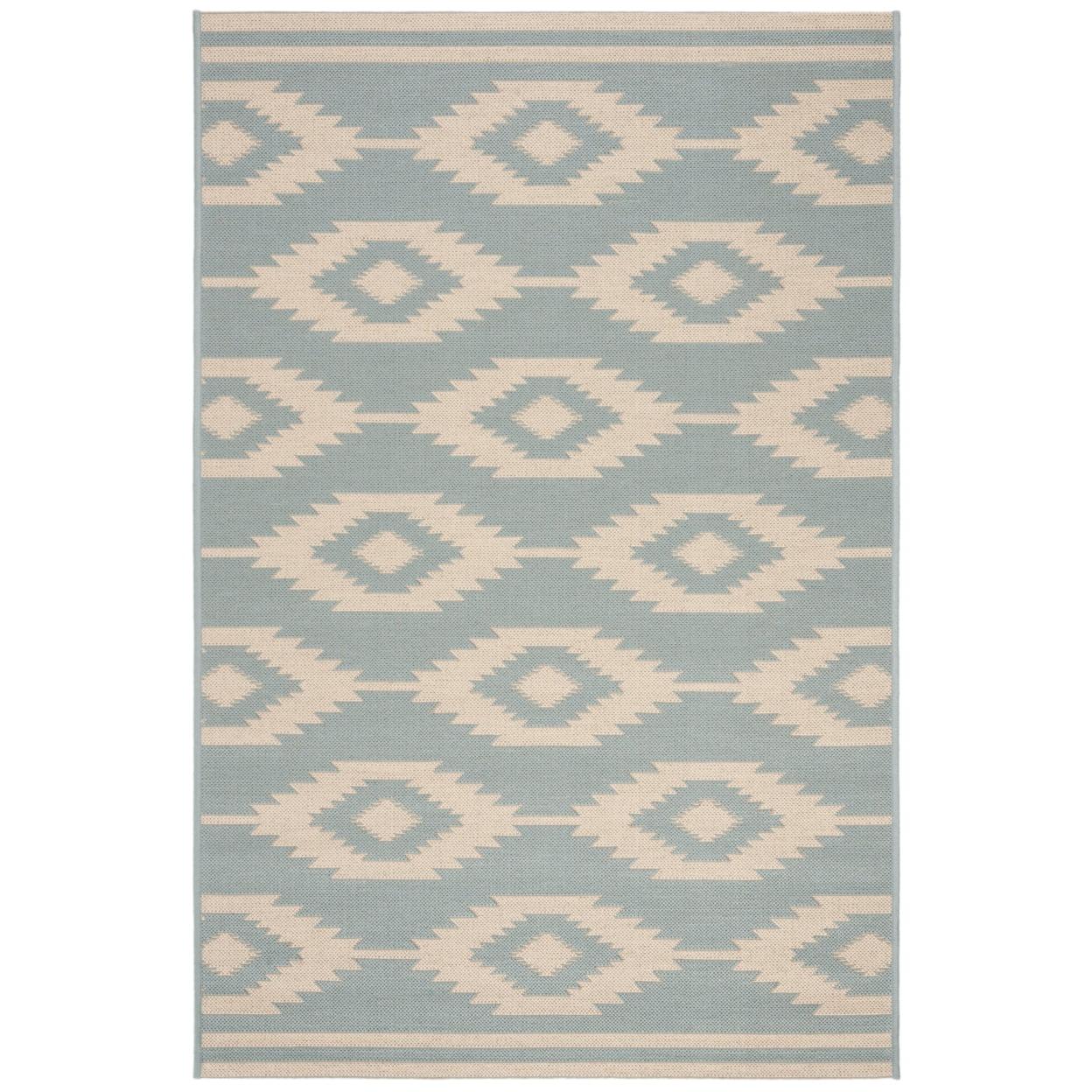 Cream and Aqua Geometric 4' x 6' Stain-Resistant Outdoor Rug