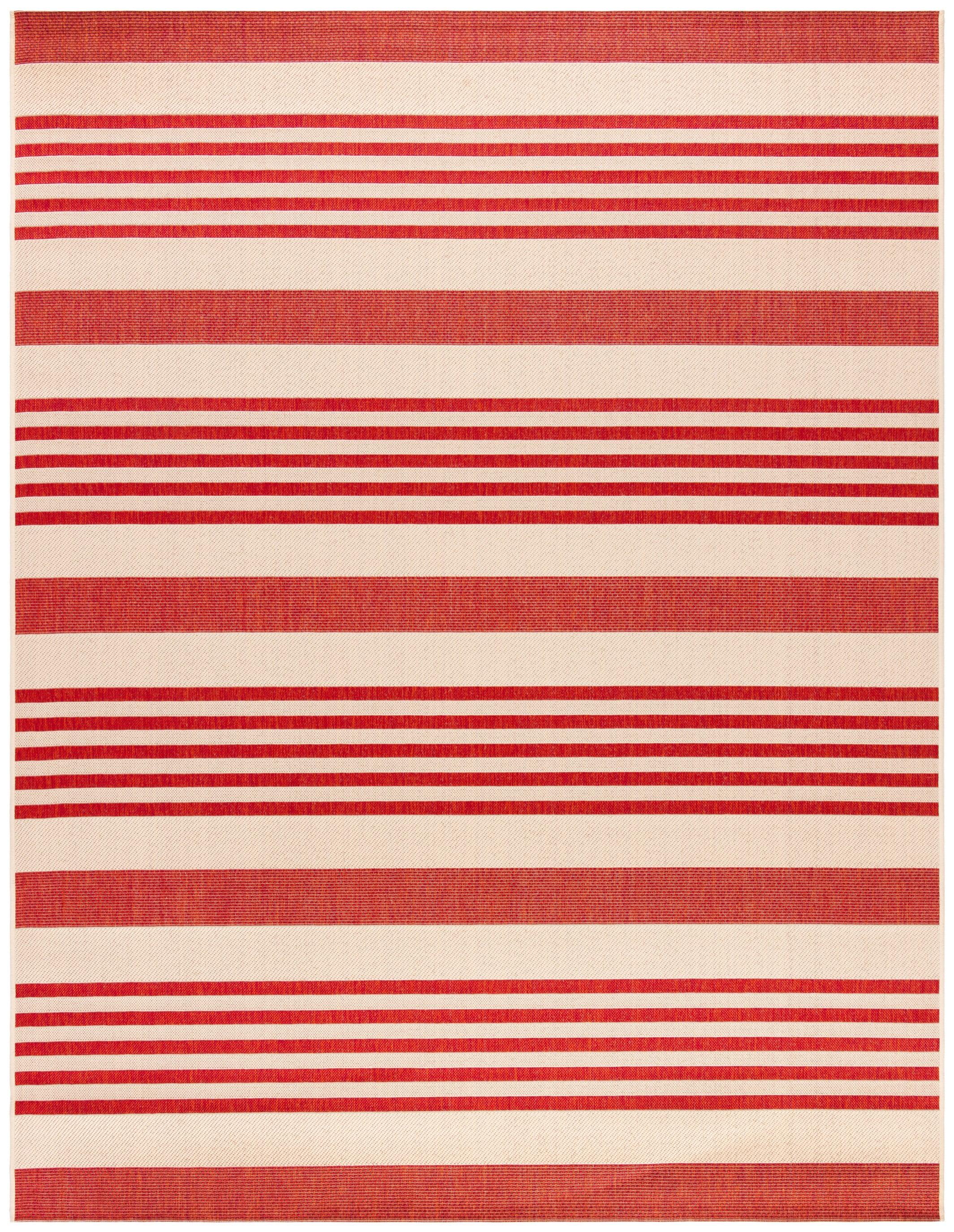 Beige and Red Striped 3' x 5' Synthetic Indoor/Outdoor Rug