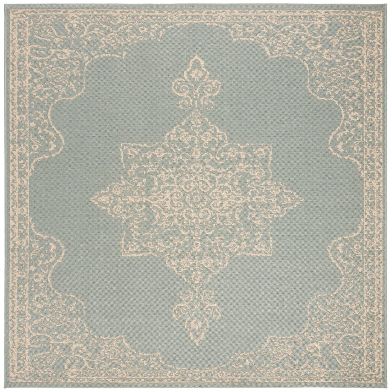 Beach House BHS180 POWER LOOMED Indoor/Outdoor Area Rug - Cream/Aqua - 4'x4' - Safavieh