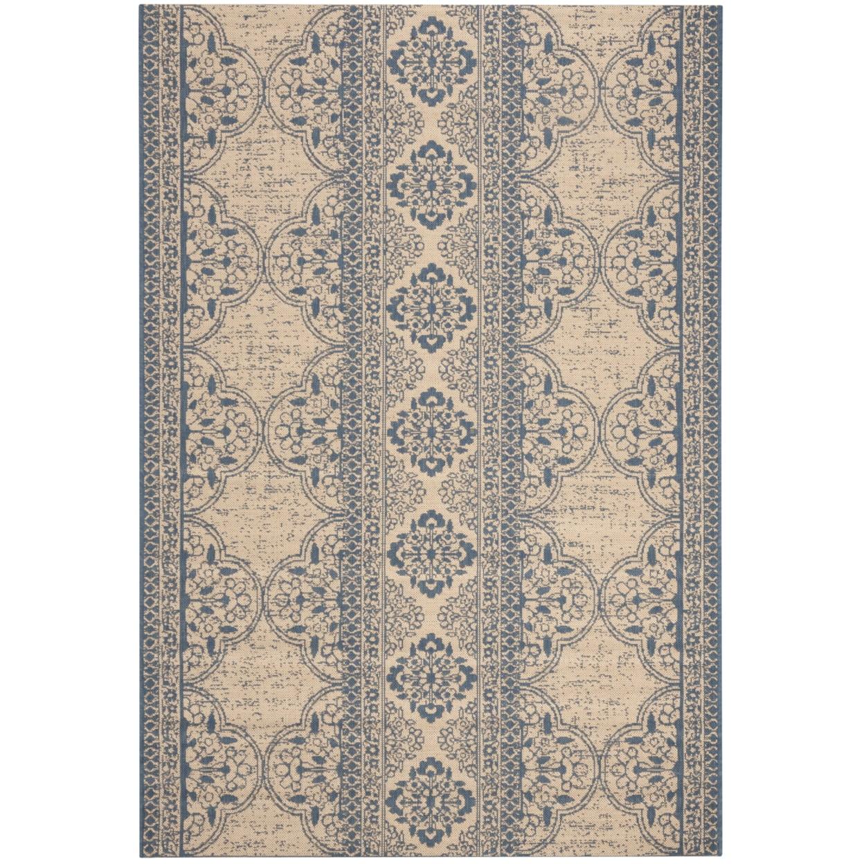 Cream and Aqua Rectangular Stain-Resistant Synthetic Rug