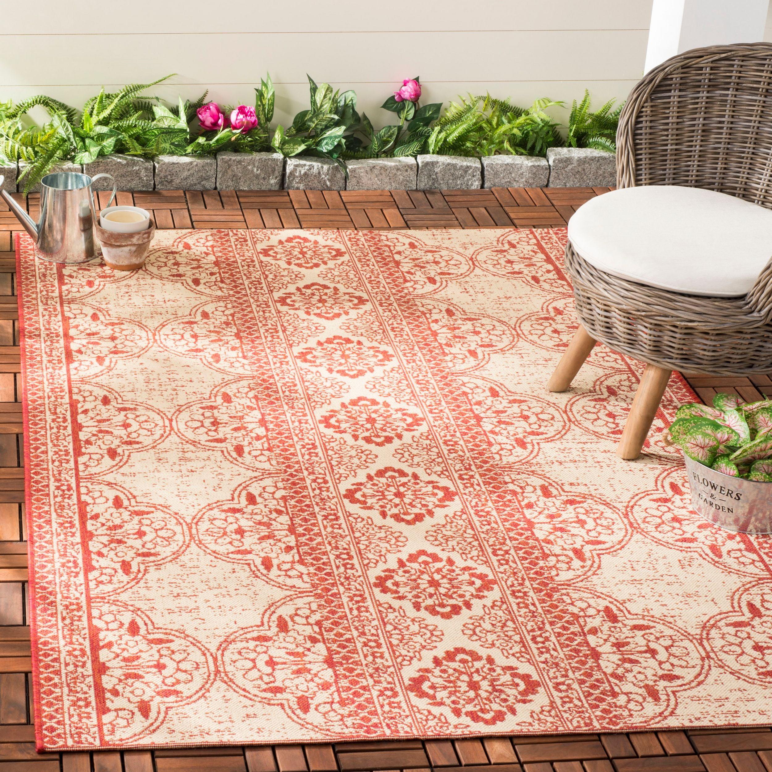 Red and Cream Reversible Synthetic Outdoor Rug, 5'3" x 7'6"