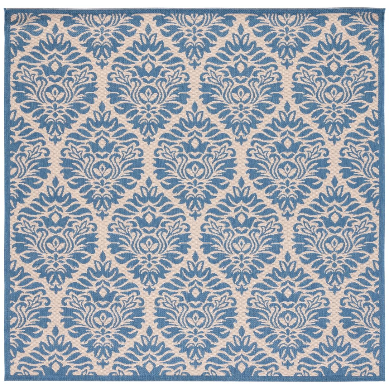 Cream and Blue Geometric Synthetic Square Area Rug 79" x 79"