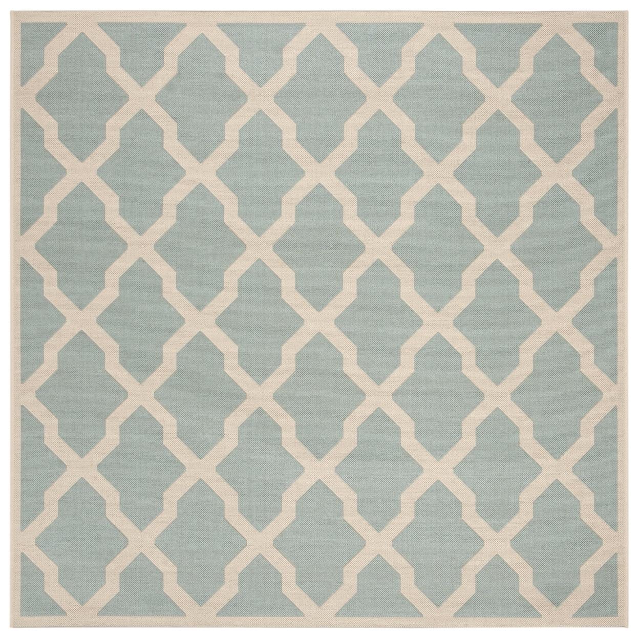 Aqua and Cream Trellis Square Indoor/Outdoor Rug, 6'7"