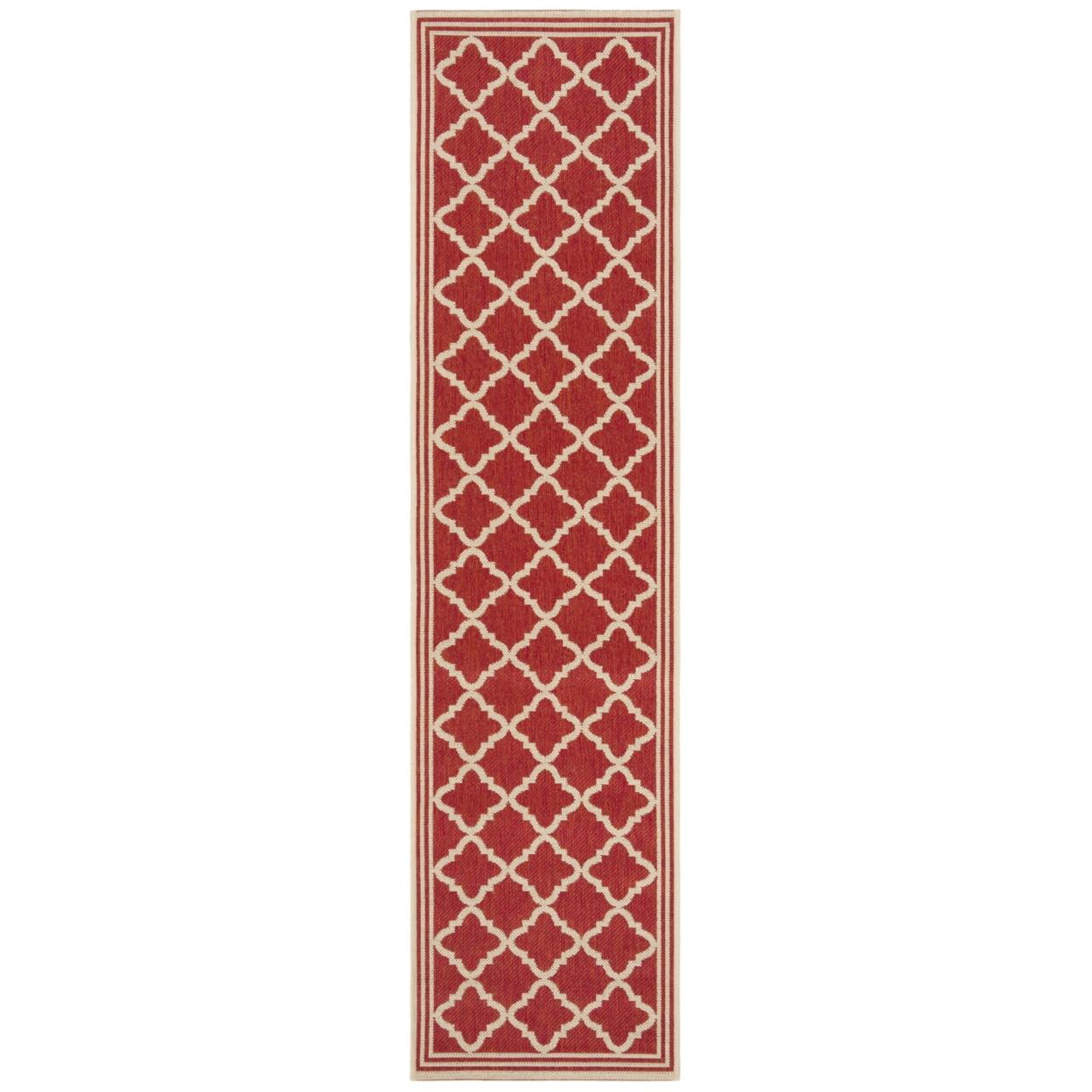 Geometric Red & Cream Synthetic 2' x 8' Easy-Care Runner Rug