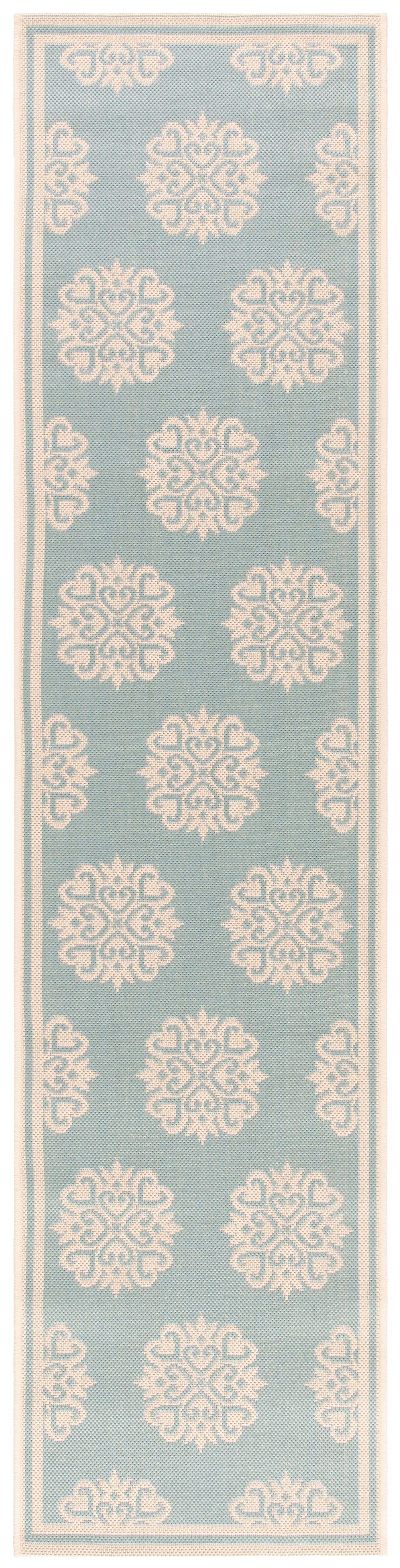 Aqua and Cream Geometric Indoor/Outdoor Runner Rug 2'2" x 6'