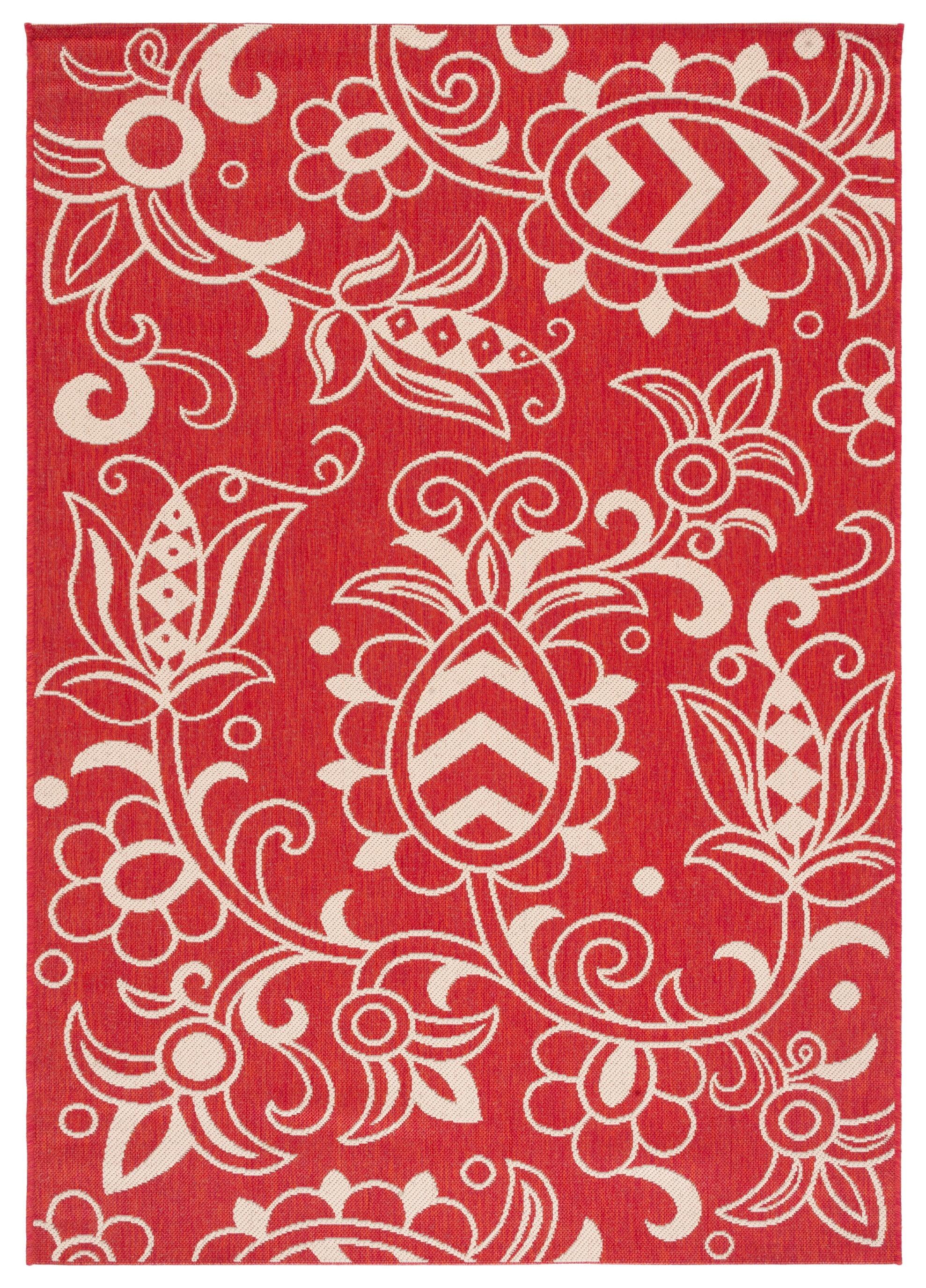 SAFAVIEH Beach House Robynne Botanical Indoor/Outdoor Area Rug, Red/Beige, 5'3" x 7'6"