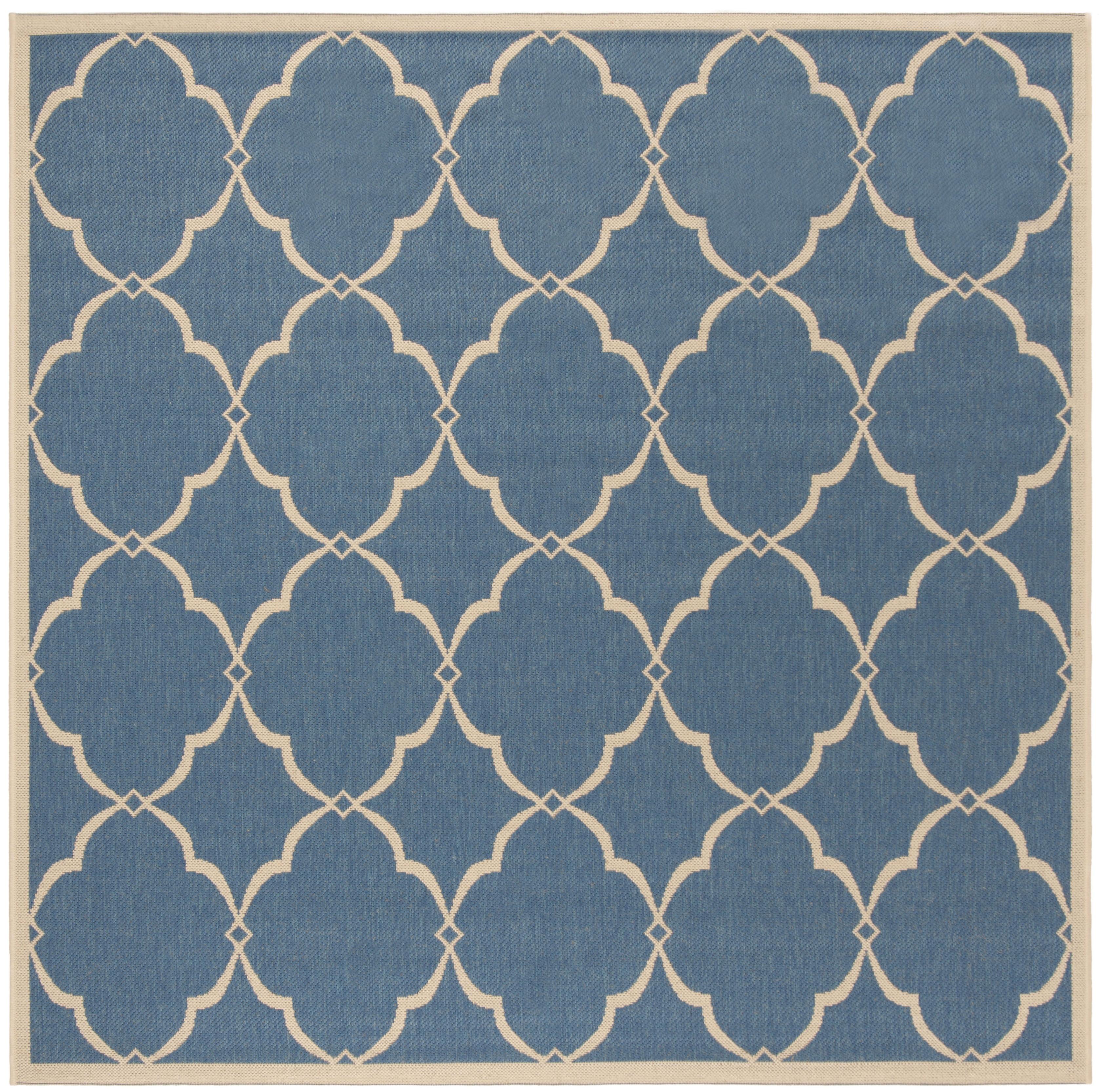 Blue and Cream Geometric Square Indoor/Outdoor Rug