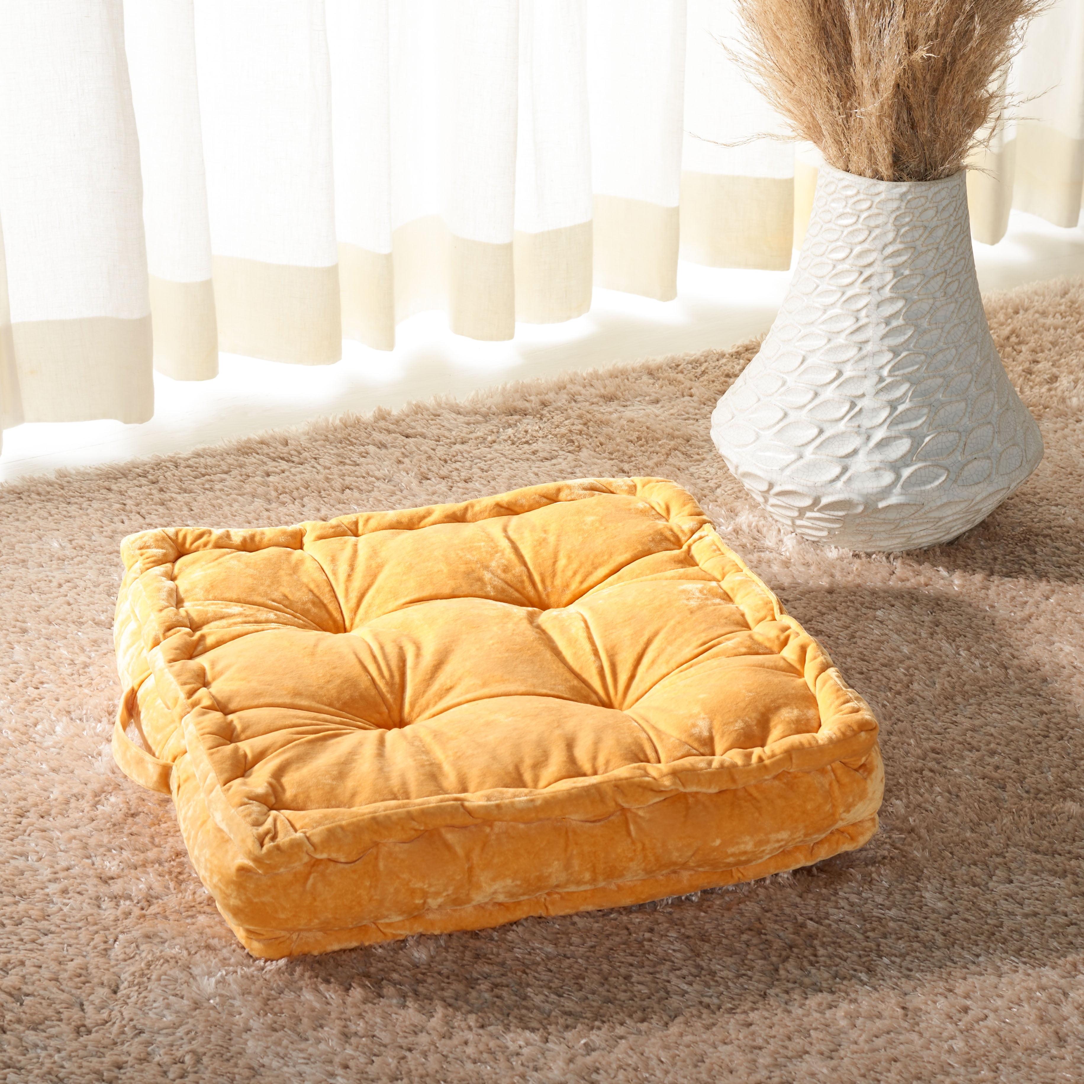 Belia Yellow Velvet Square Floor Pillow with Handle