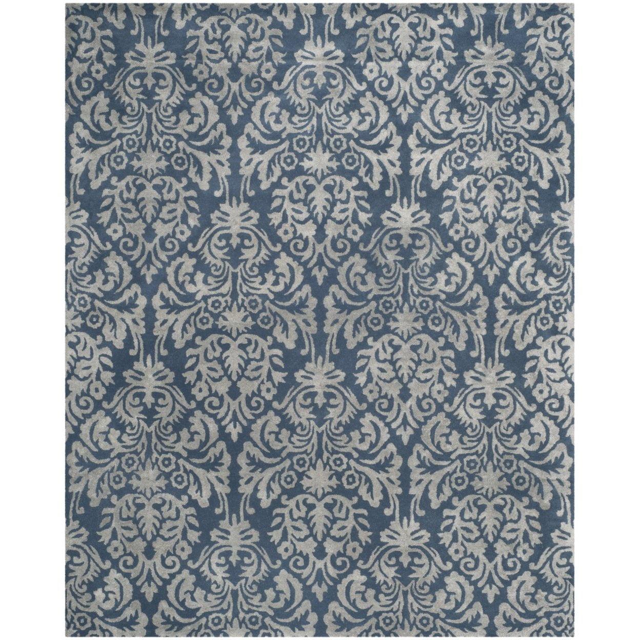 Gray and Navy Hand-Tufted Wool Damask Area Rug 3' x 5'