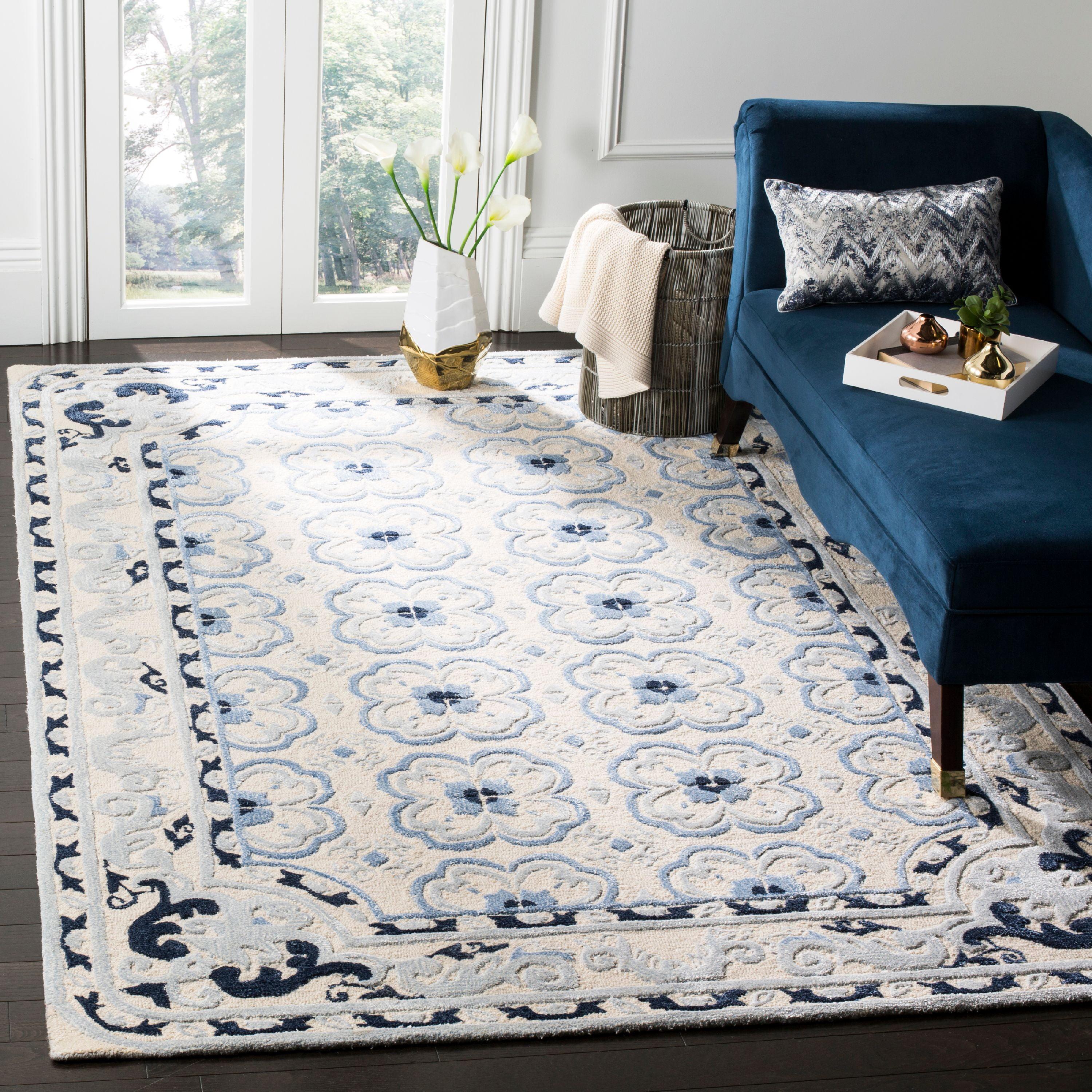 Elegant Ivory and Blue 5' Square Hand-Tufted Wool Area Rug