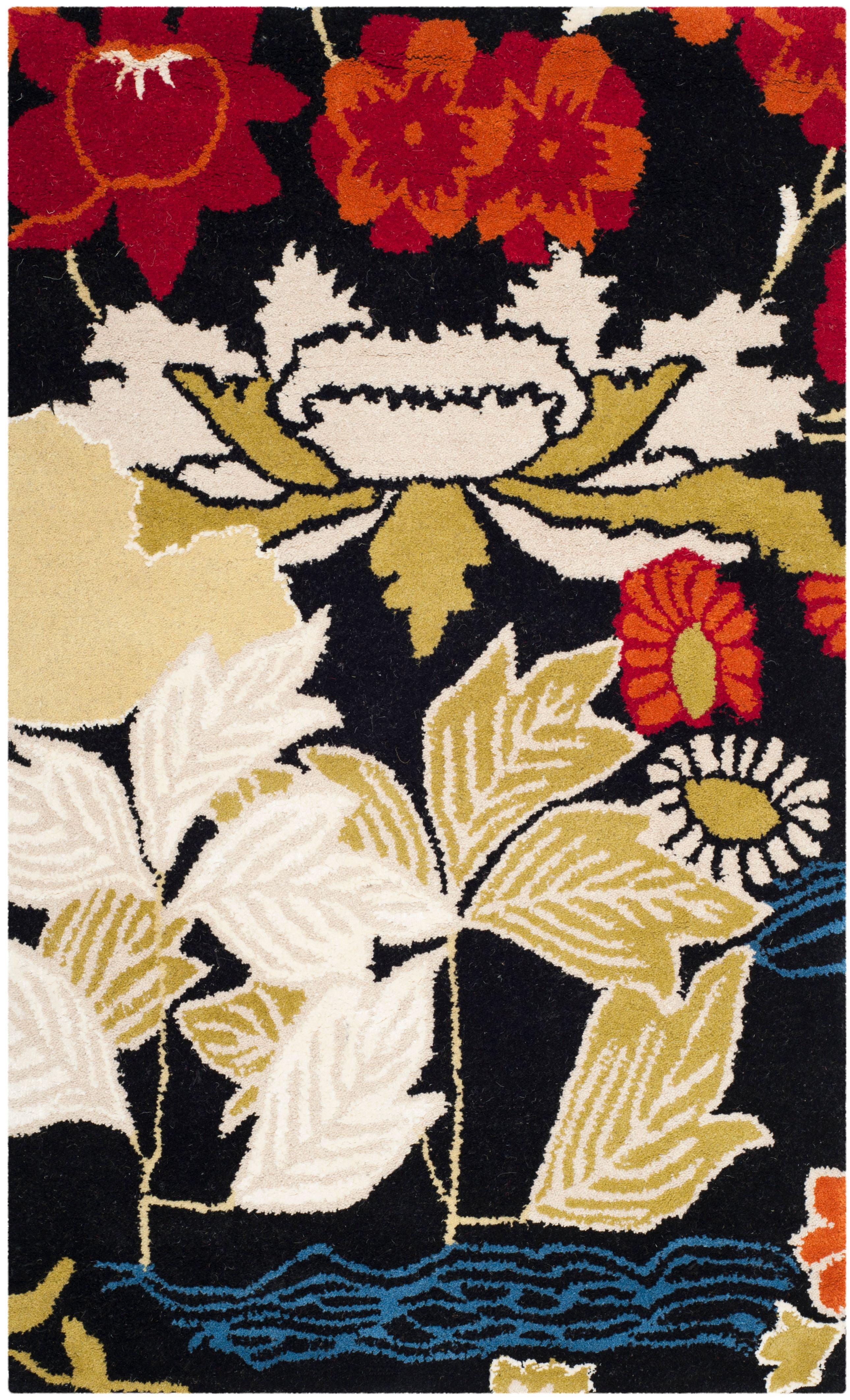 Plush Hand-Tufted Black Floral Wool 30" Area Rug