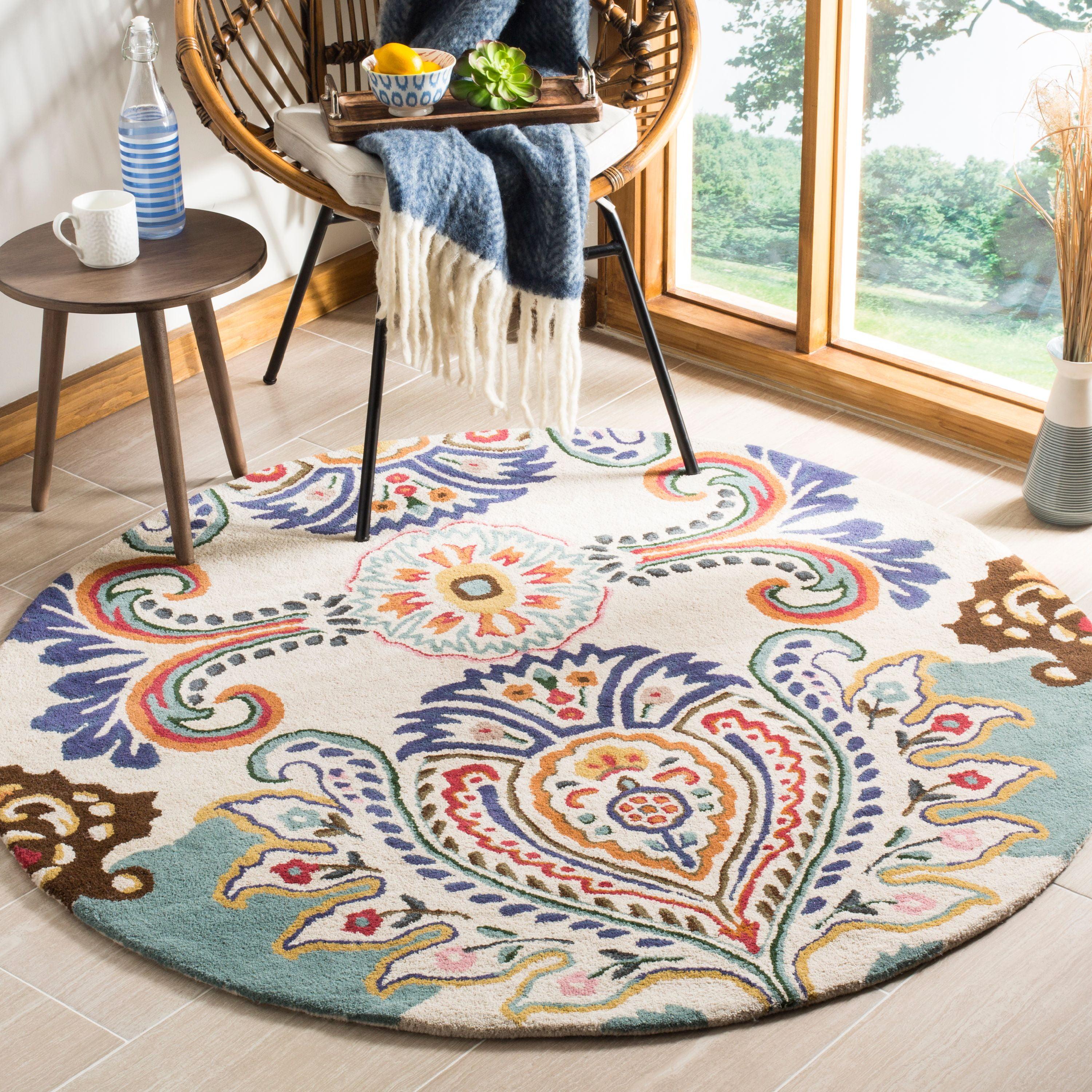 Bella Ivory and Blue Round Hand-Tufted Wool Area Rug