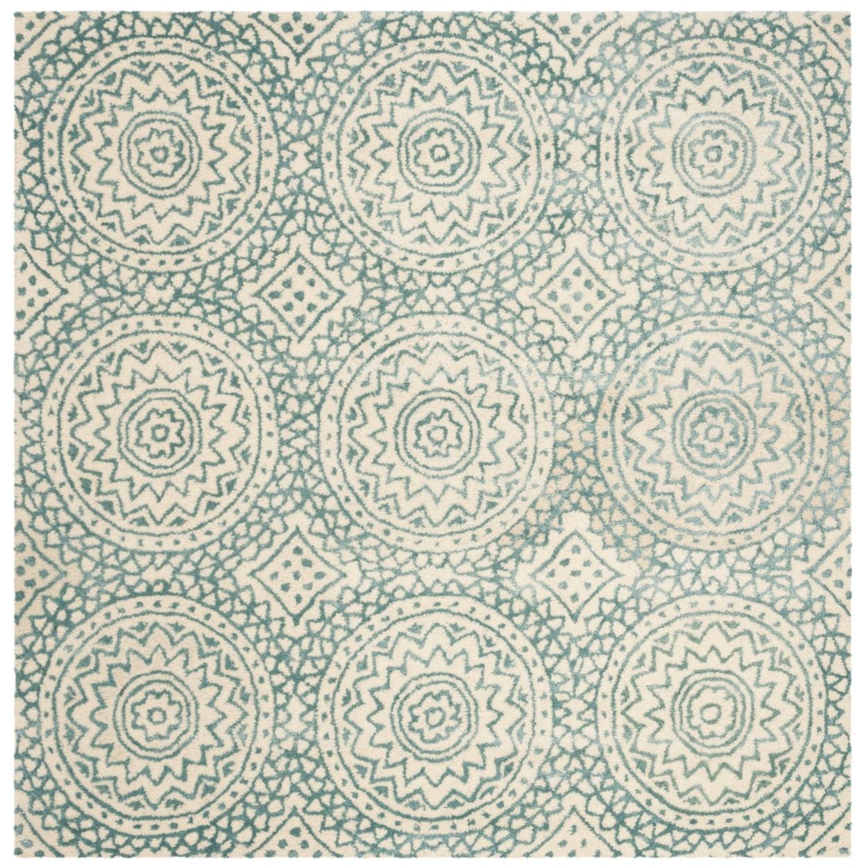 SAFAVIEH Bella Natalee Medallion Geometric Wool Area Rug, Ivory/Blue, 5' x 5' Square