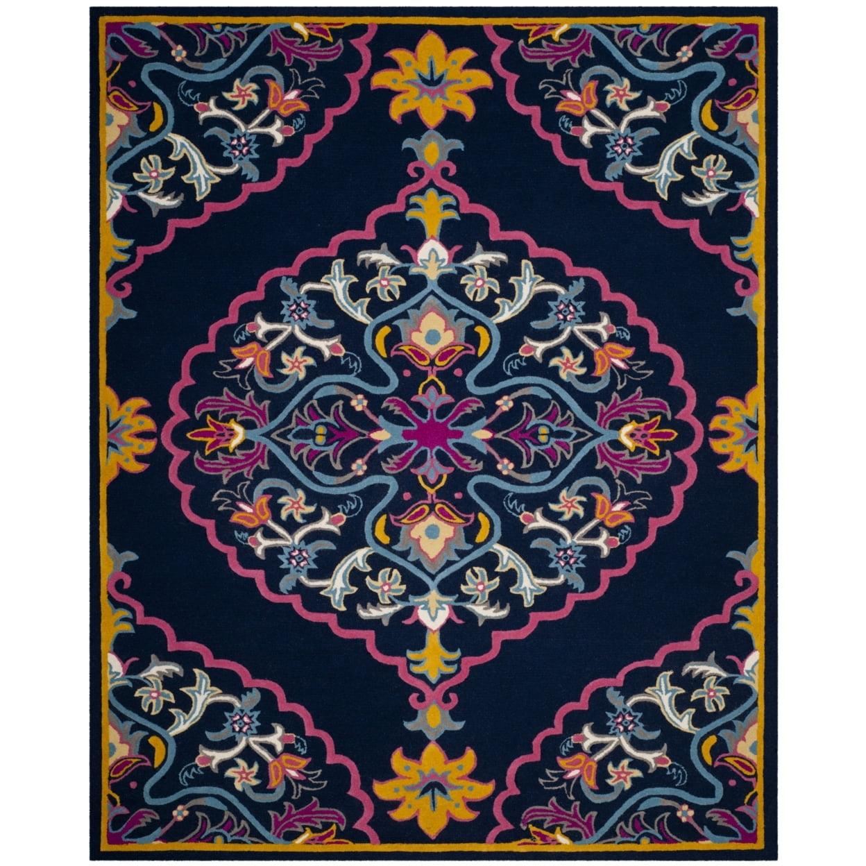 SAFAVIEH Bellagio Rio Floral Wool Area Rug, Navy Blue/Multi, 3' x 3' Square