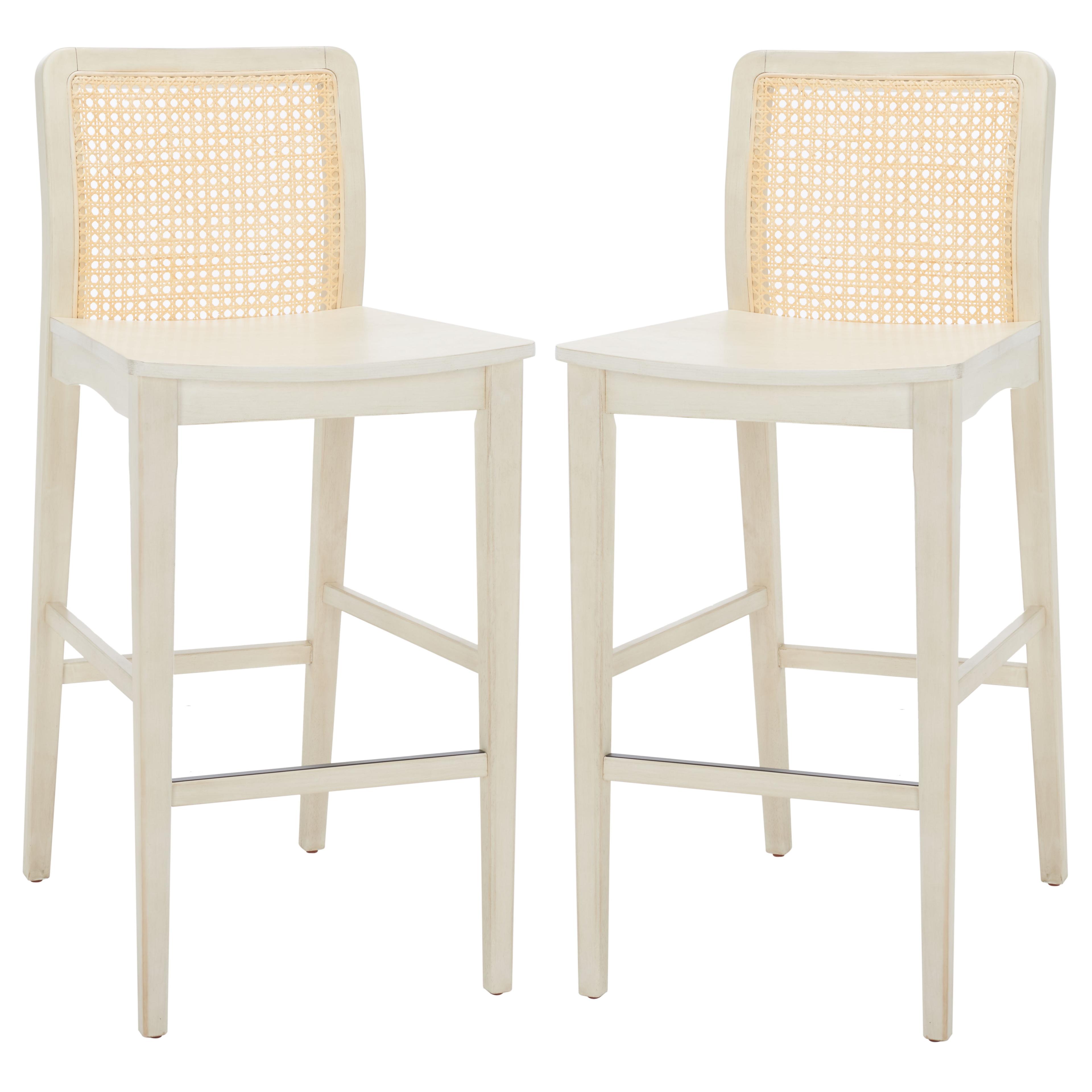 Benicio White and Natural Rubberwood Rattan Bar Stools, Set of 2