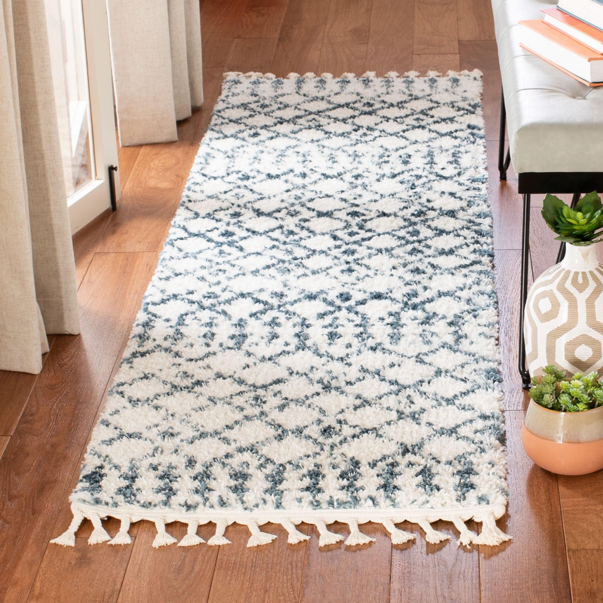 Bohemian Cream/Blue Synthetic Shag Runner Rug 2'2" x 10'