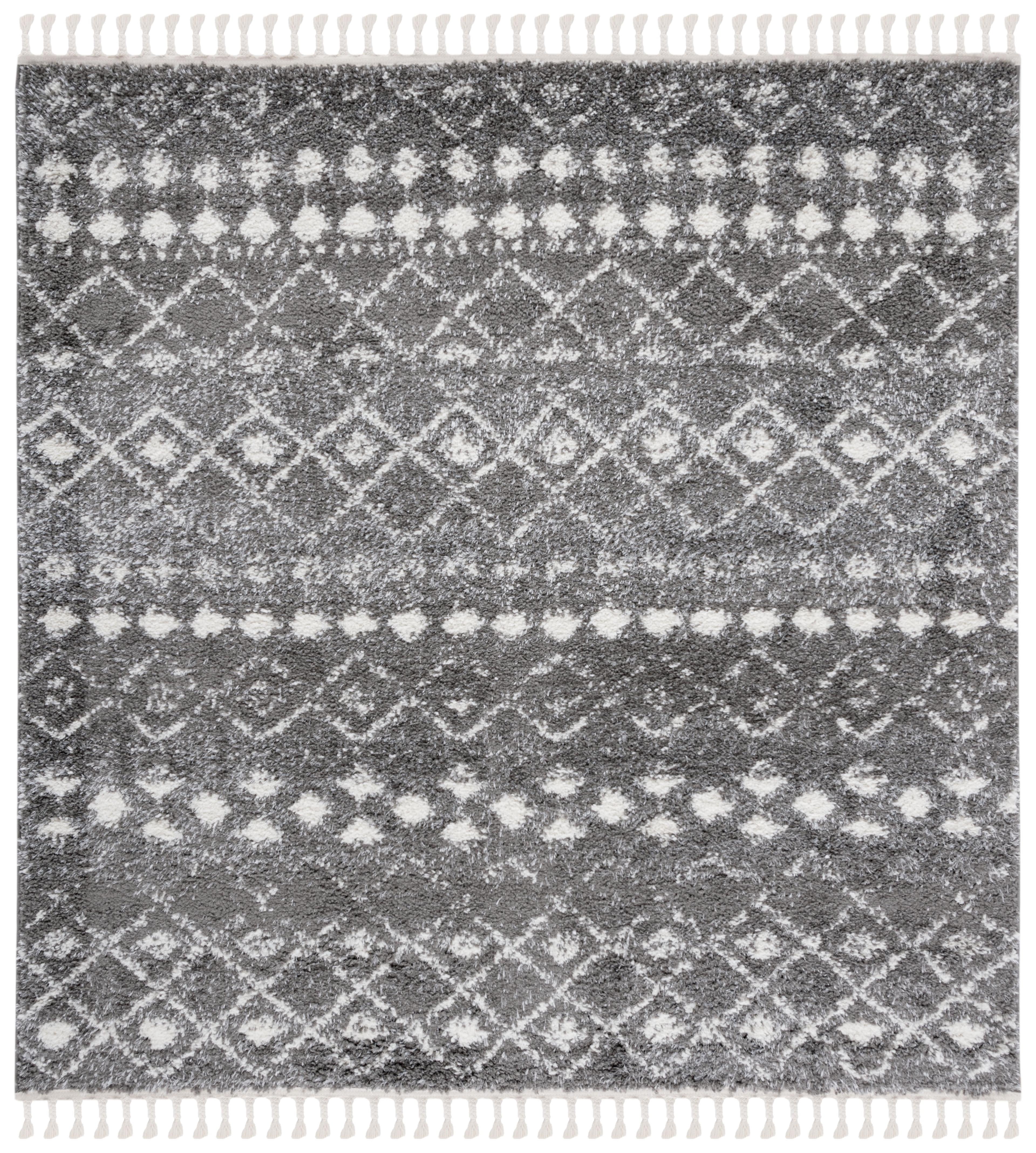 Gray Square Hand-Knotted Shag Area Rug with Fringe Detail