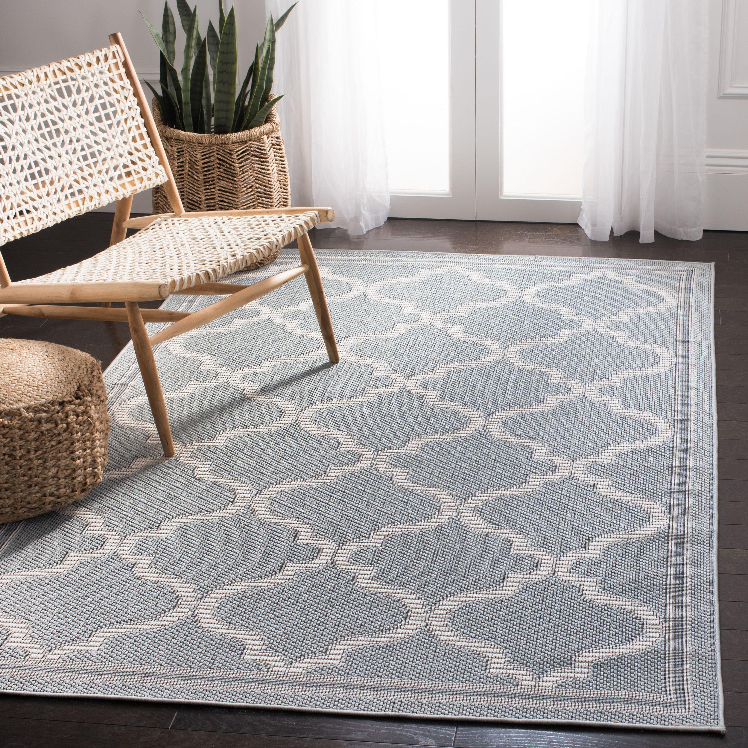 Easy-Care Coastal Charm Light Blue & Ivory Synthetic 6'7" Square Rug