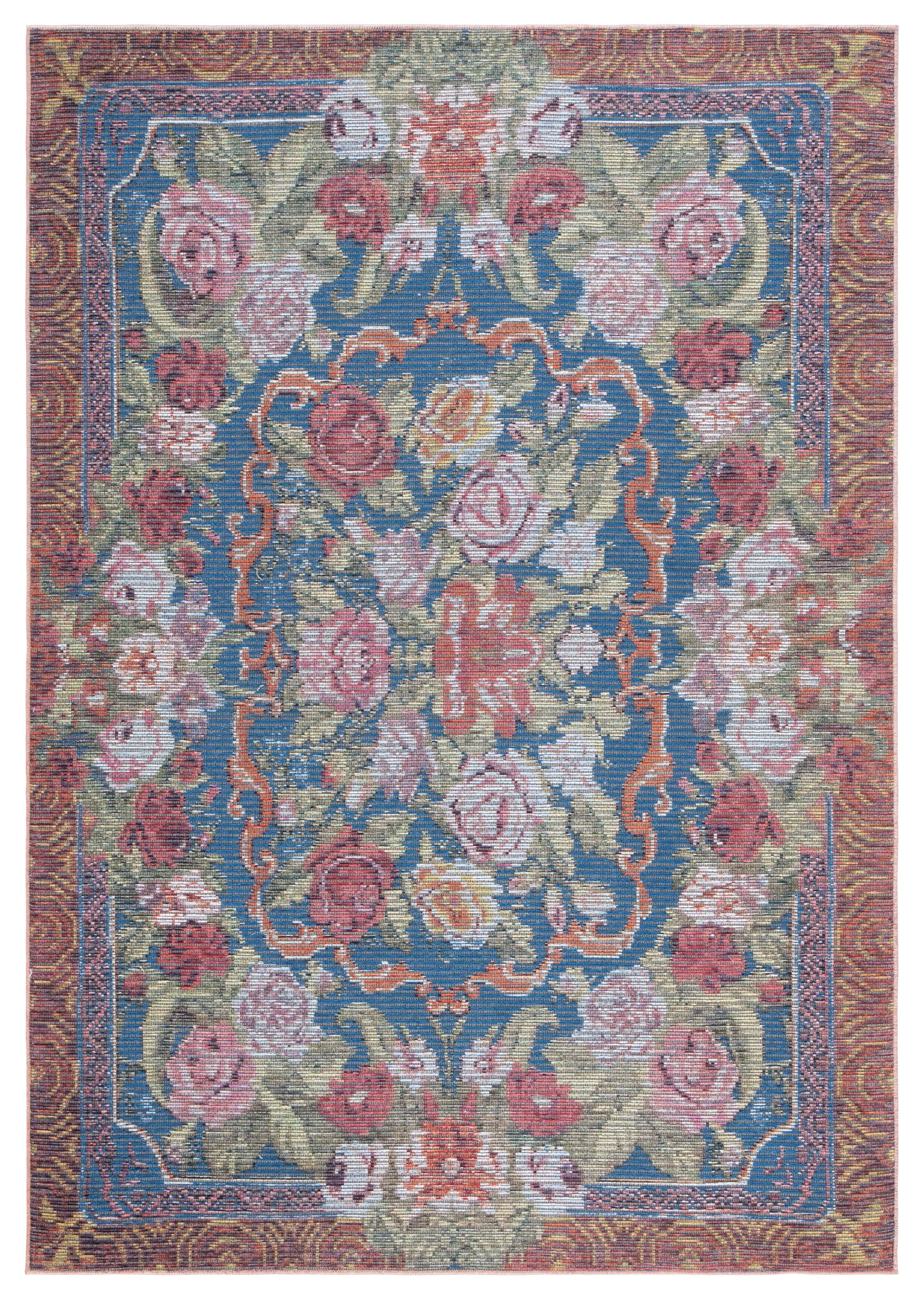 Blue and Sage Rust Floral Synthetic Area Rug, 5'3" x 7'6"