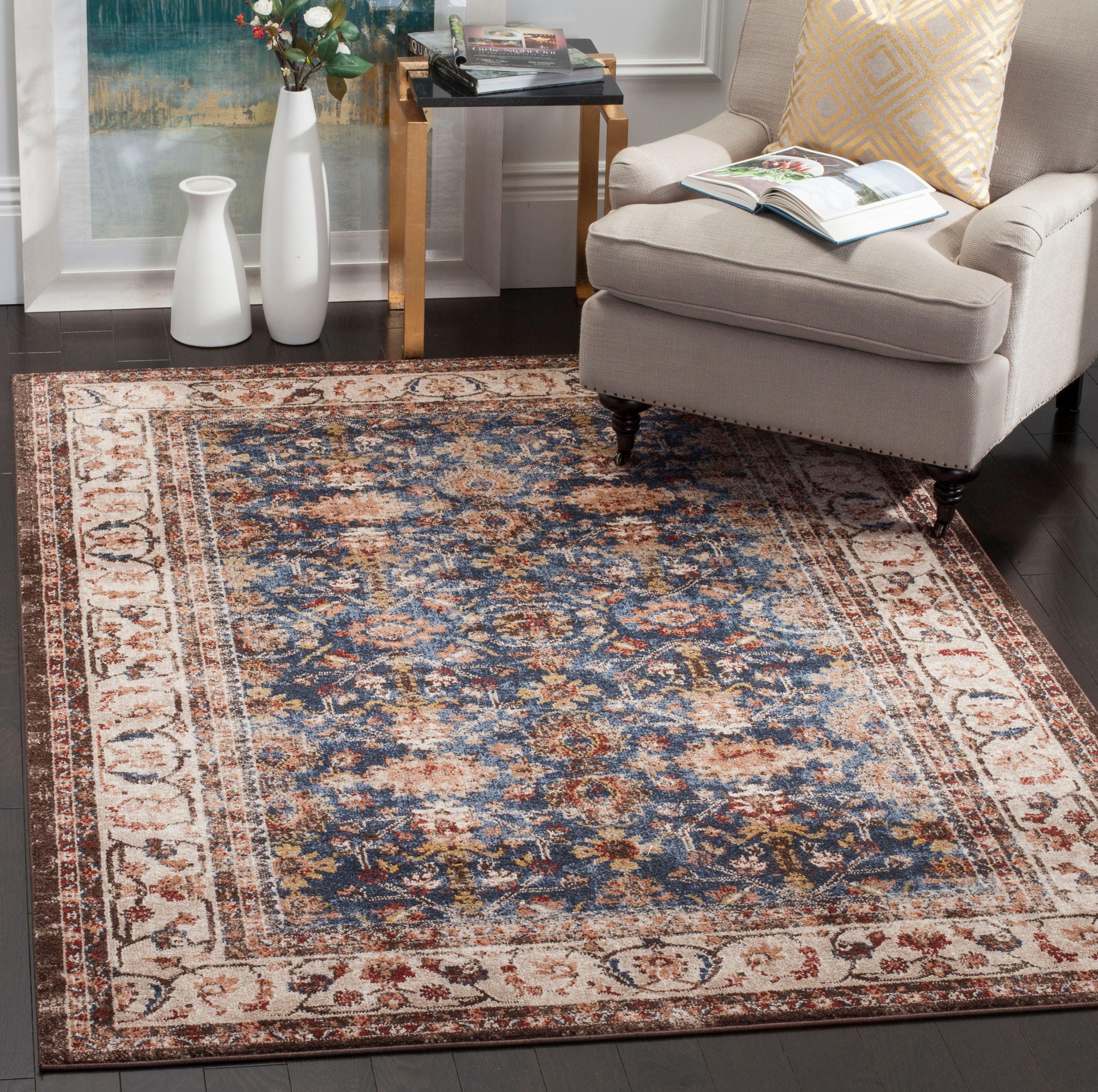 Royal Blue and Ivory Floral Motif Area Rug